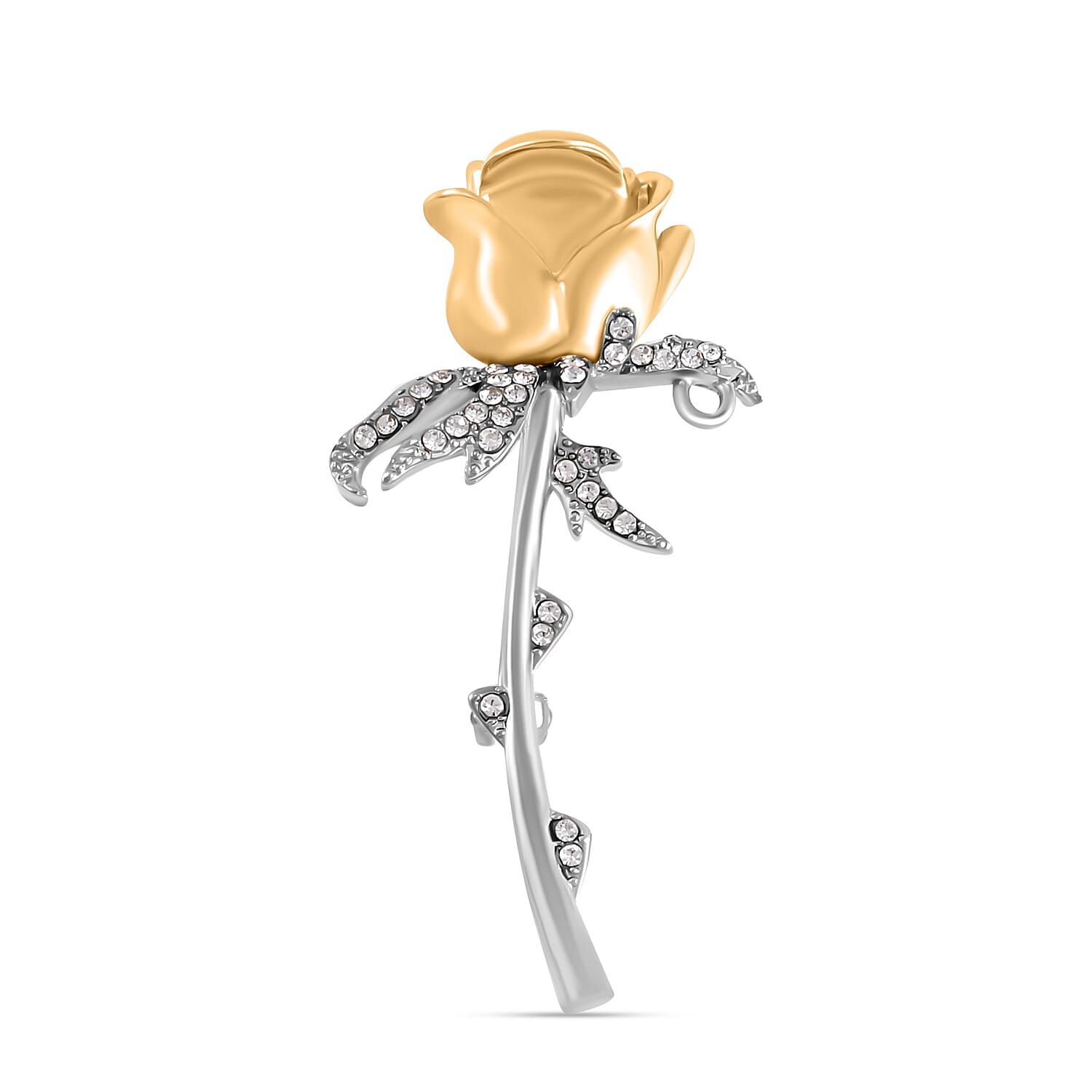 White Austrian Crystal Rose Brooch in Two- Tone