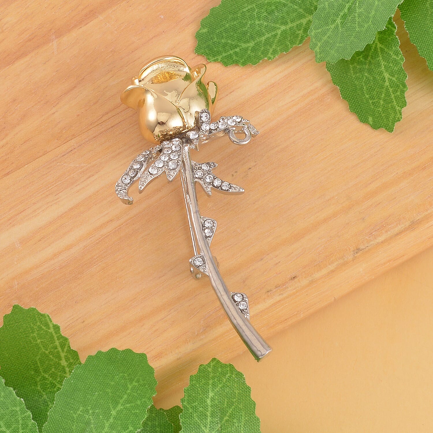 White Austrian Crystal Rose Brooch in Two- Tone