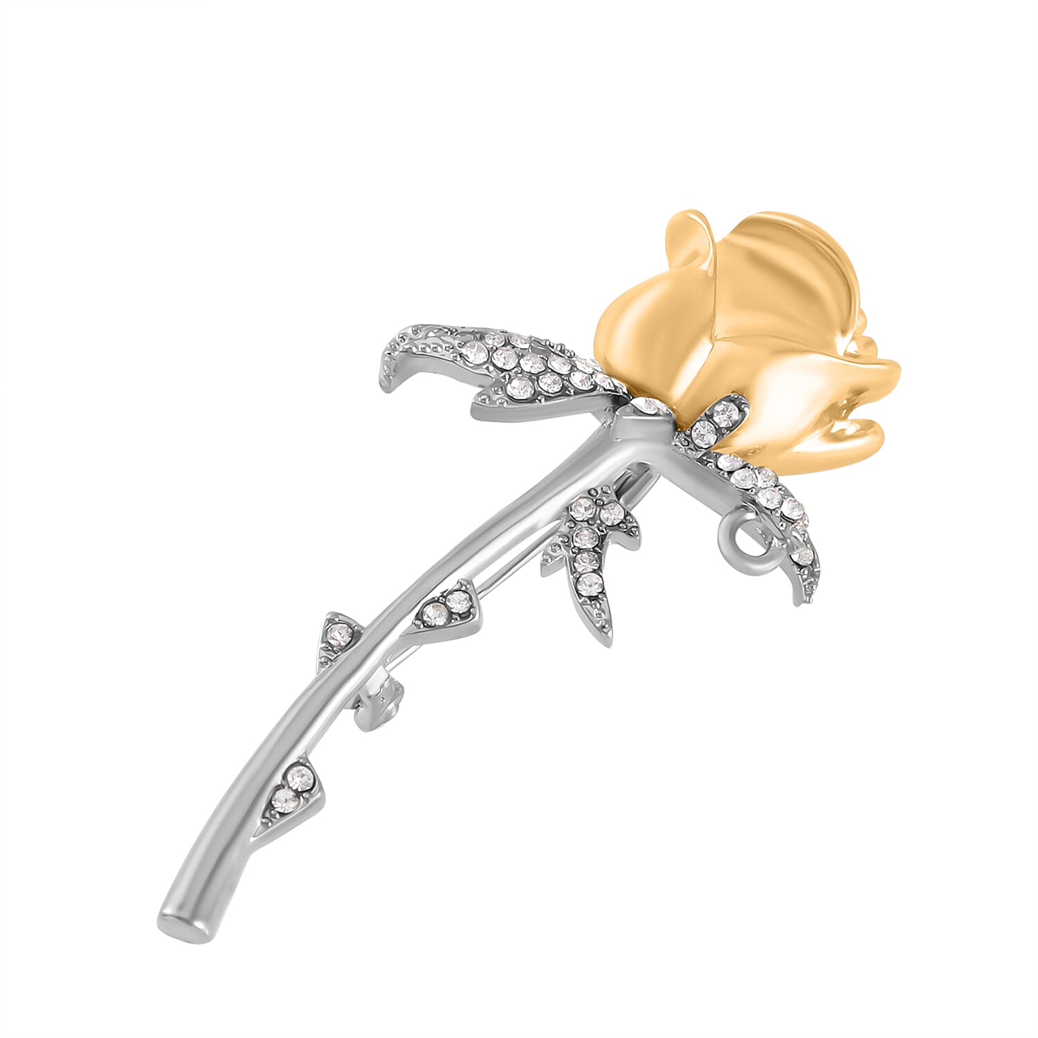 White Austrian Crystal Rose Brooch in Two- Tone