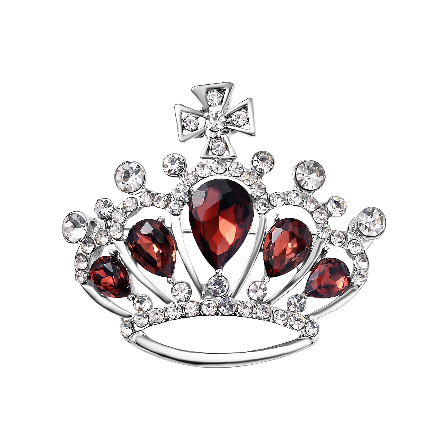 Red & White Austrian Crystal Brooch in Silver Tone