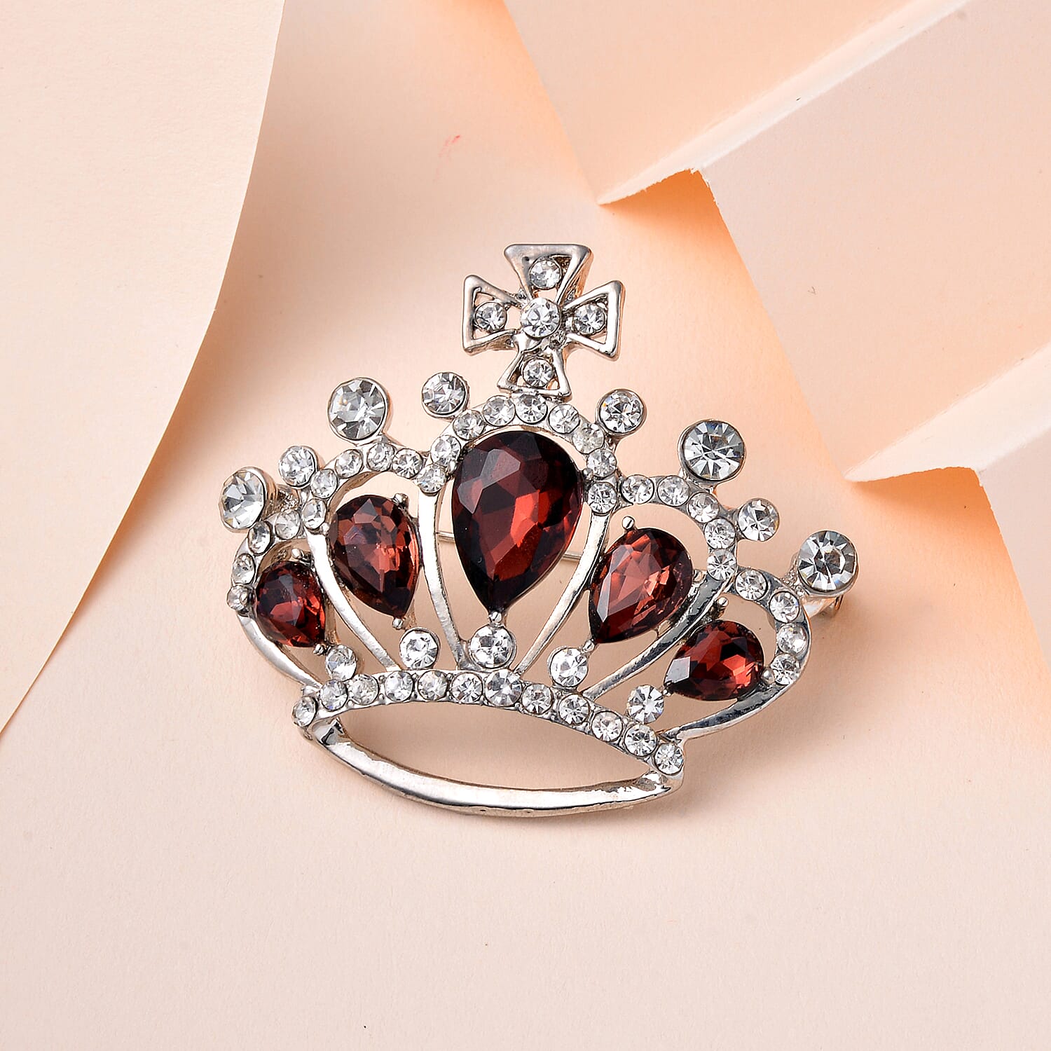 Red & White Austrian Crystal Brooch in Silver Tone