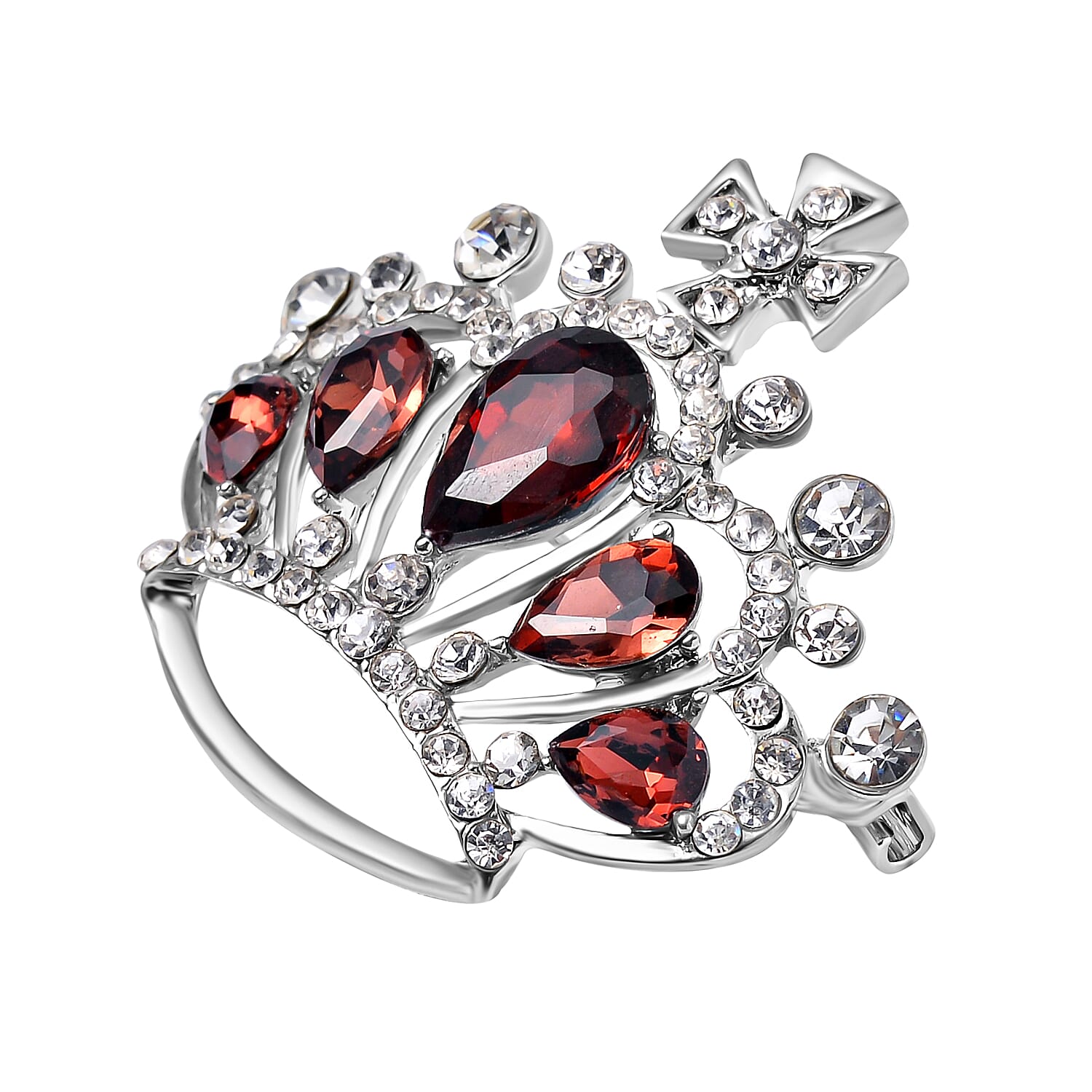 Red & White Austrian Crystal Brooch in Silver Tone