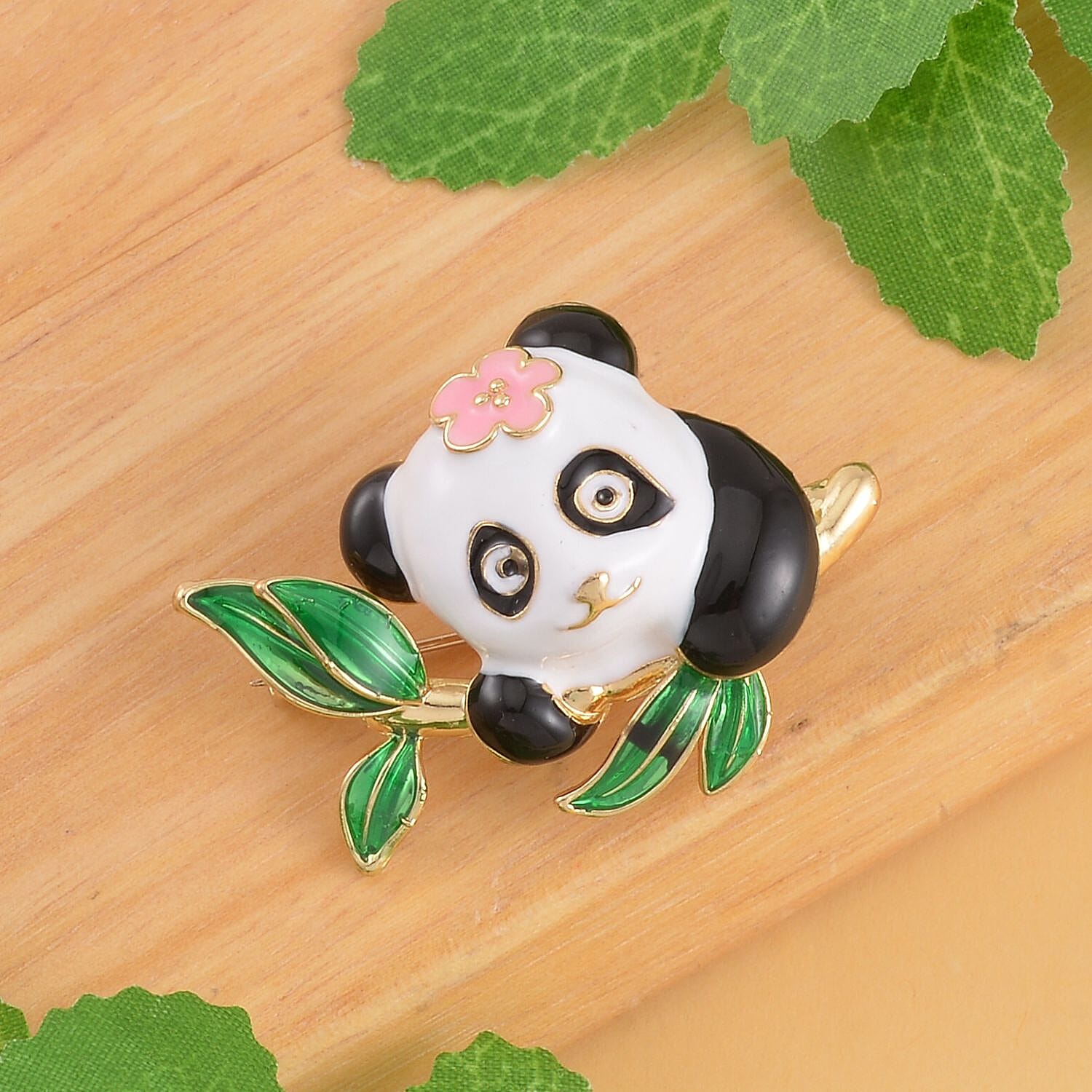 Enamelled Panda Brooch in Yellow Gold Tone