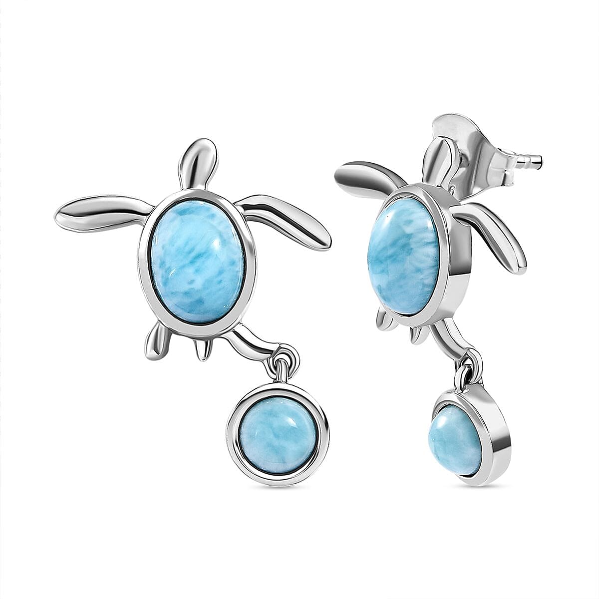 The Atlantis Collection- Larimar Turtle Earrings in Platinum Overlay Sterling Silver 4.12 Ct.