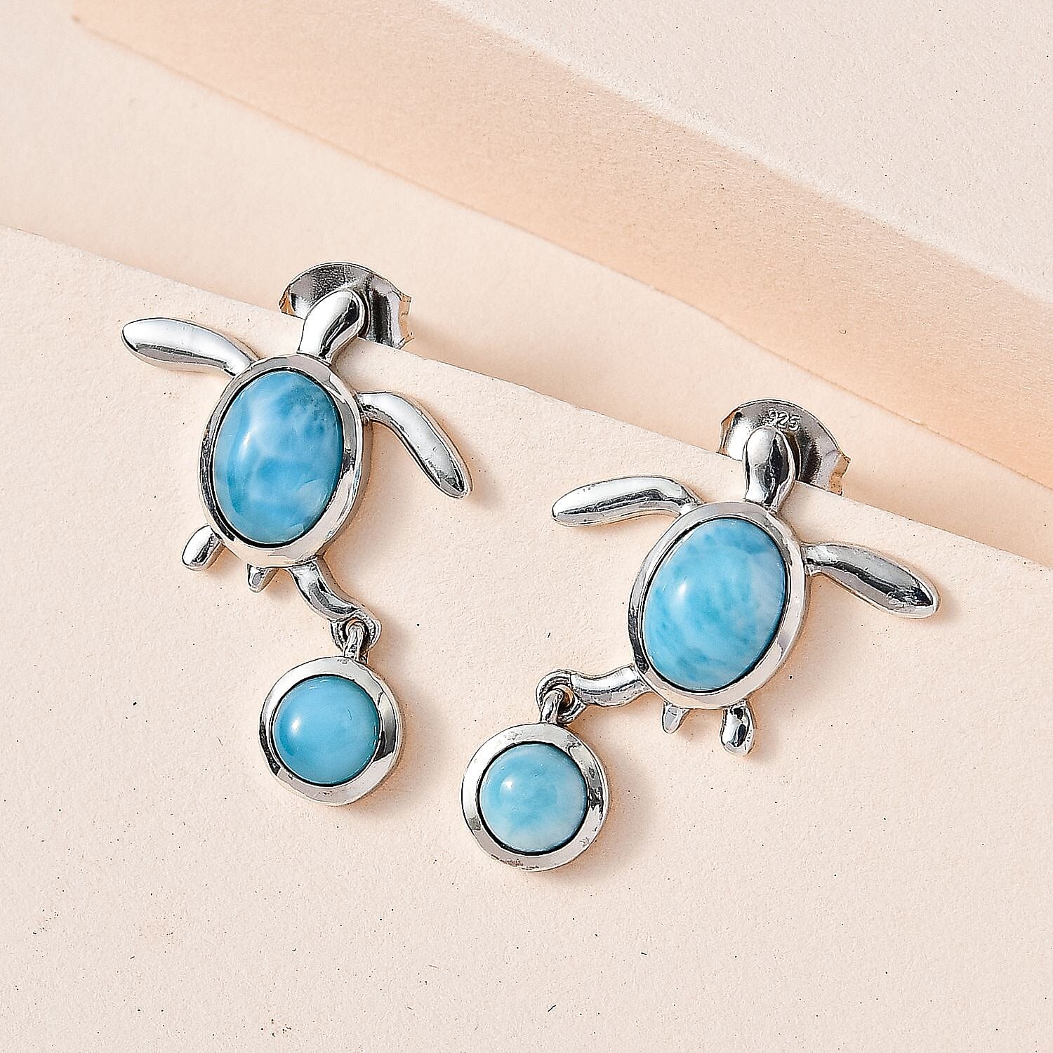 The Atlantis Collection- Larimar Turtle Earrings in Platinum Overlay Sterling Silver 4.12 Ct.