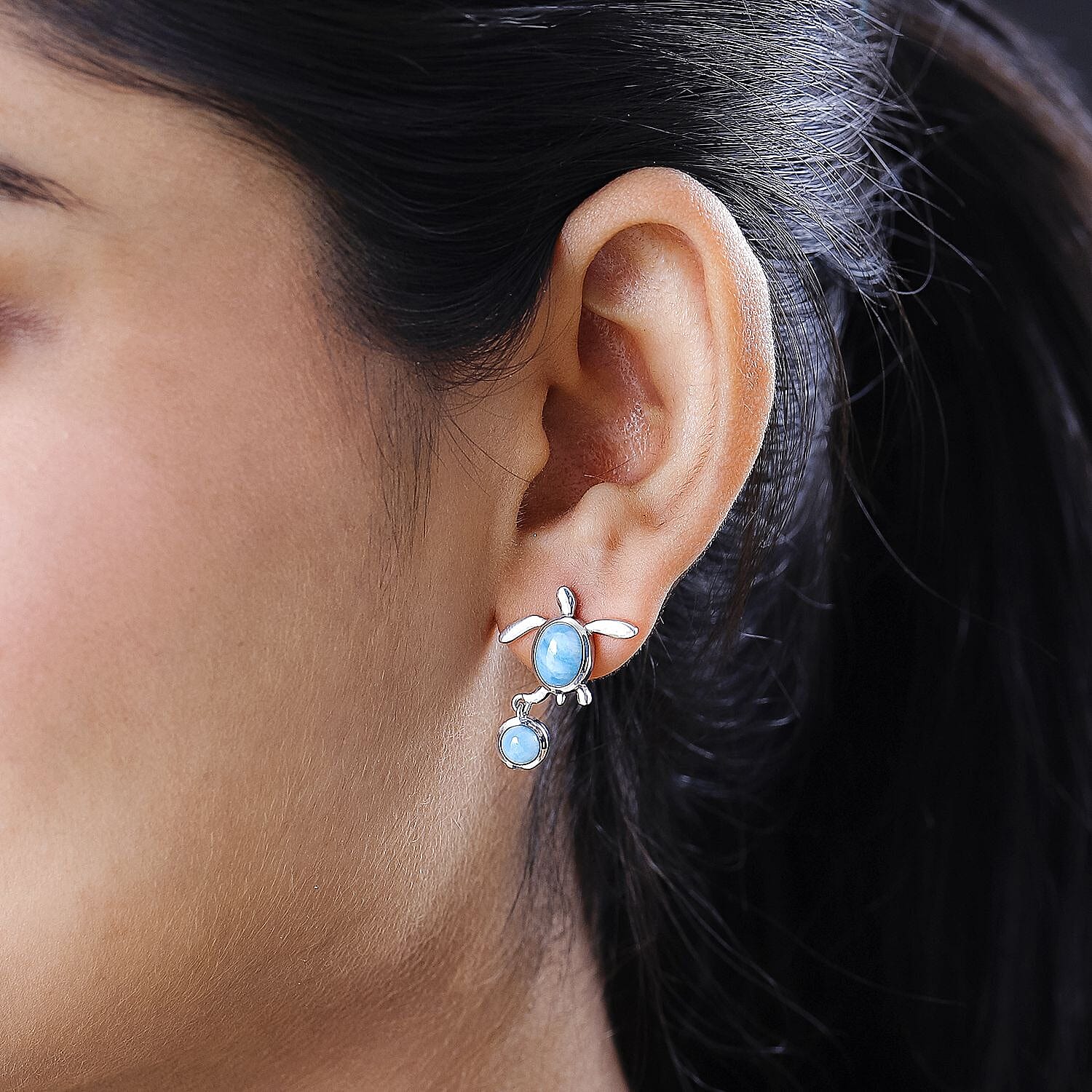 The Atlantis Collection- Larimar Turtle Earrings in Platinum Overlay Sterling Silver 4.12 Ct.