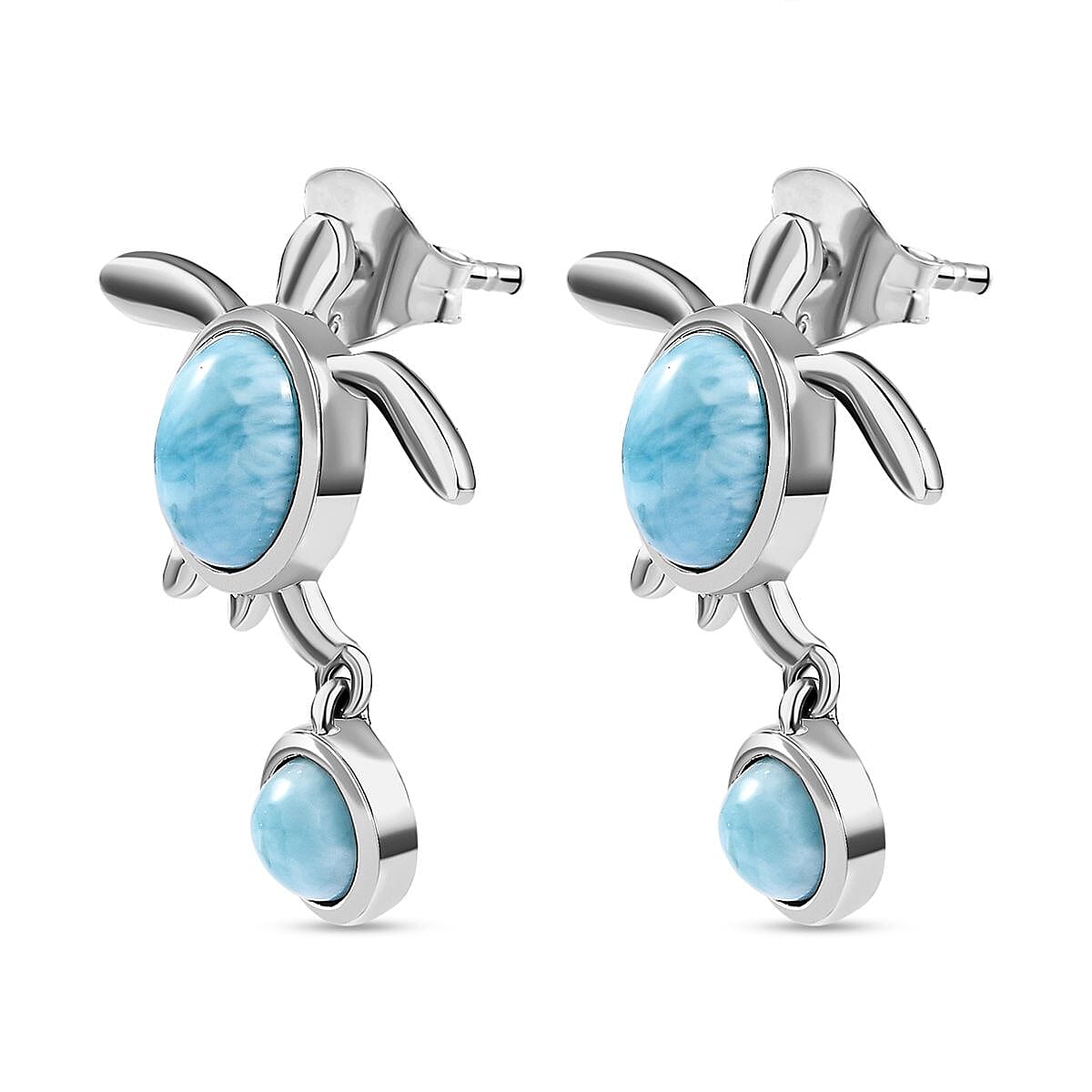 The Atlantis Collection- Larimar Turtle Earrings in Platinum Overlay Sterling Silver 4.12 Ct.