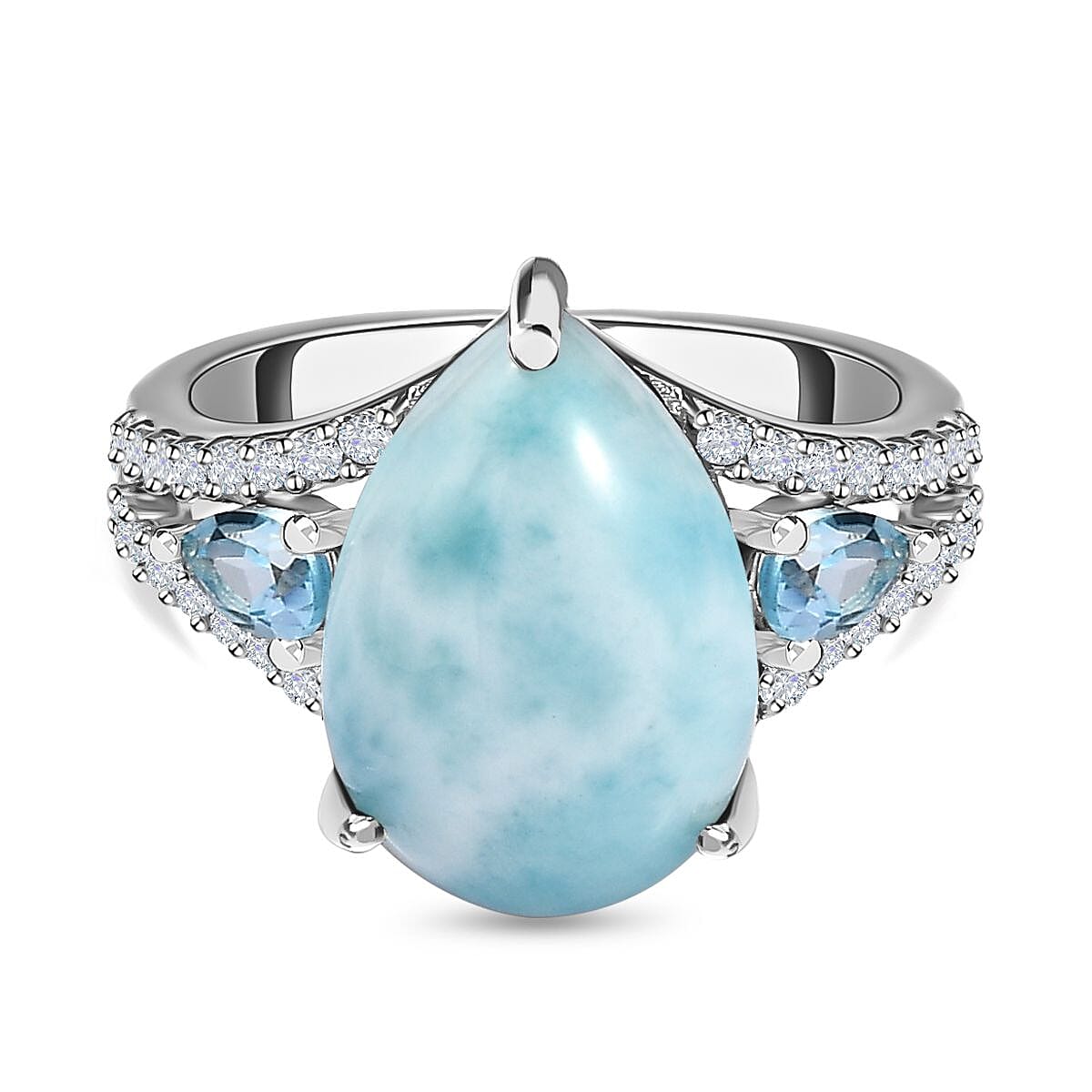 Larimar, Swiss Blue Topaz and Natural Zircon Ring in Platinum Overlay Sterling Silver 7.00 Ct.