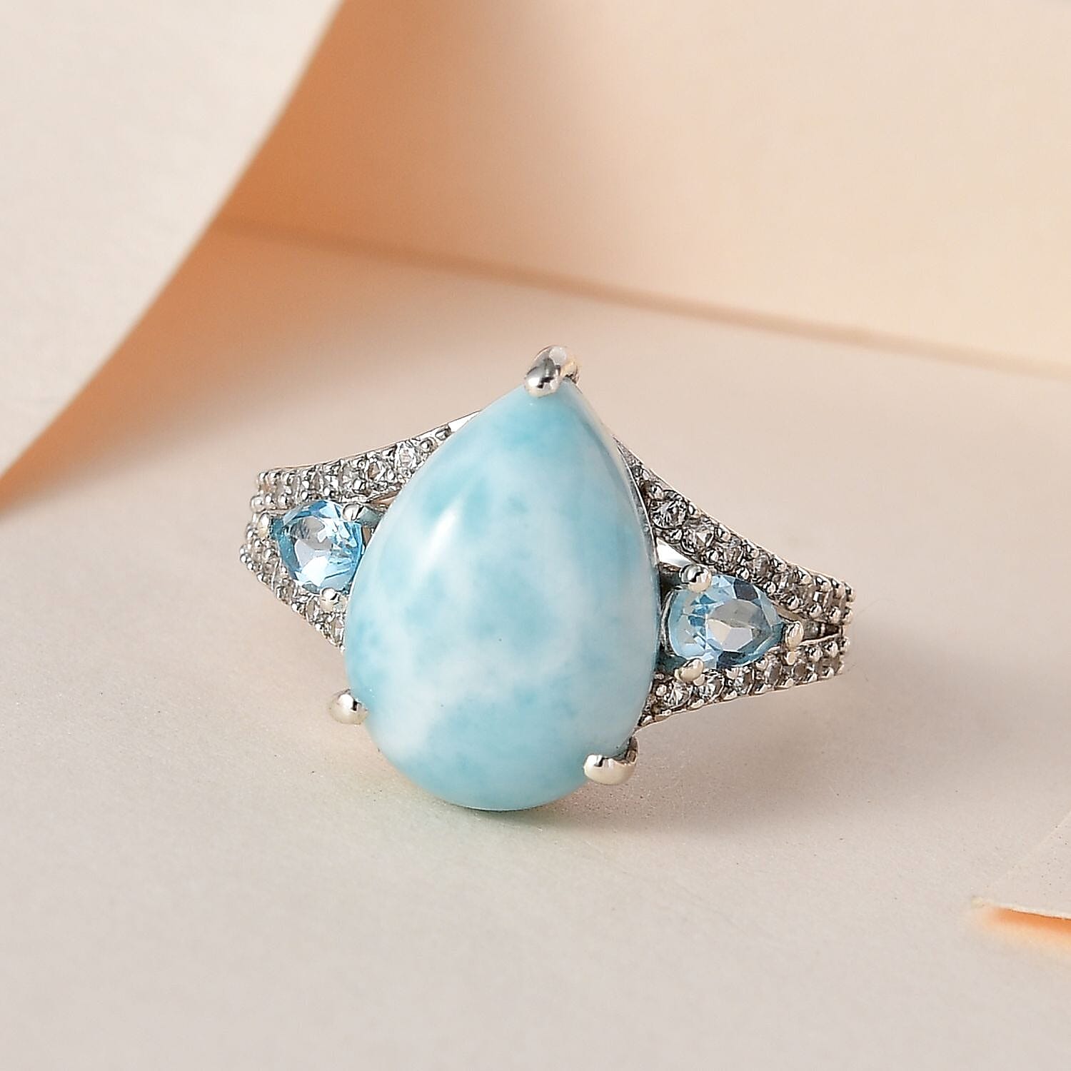 Larimar, Swiss Blue Topaz and Natural Zircon Ring in Platinum Overlay Sterling Silver 7.00 Ct.