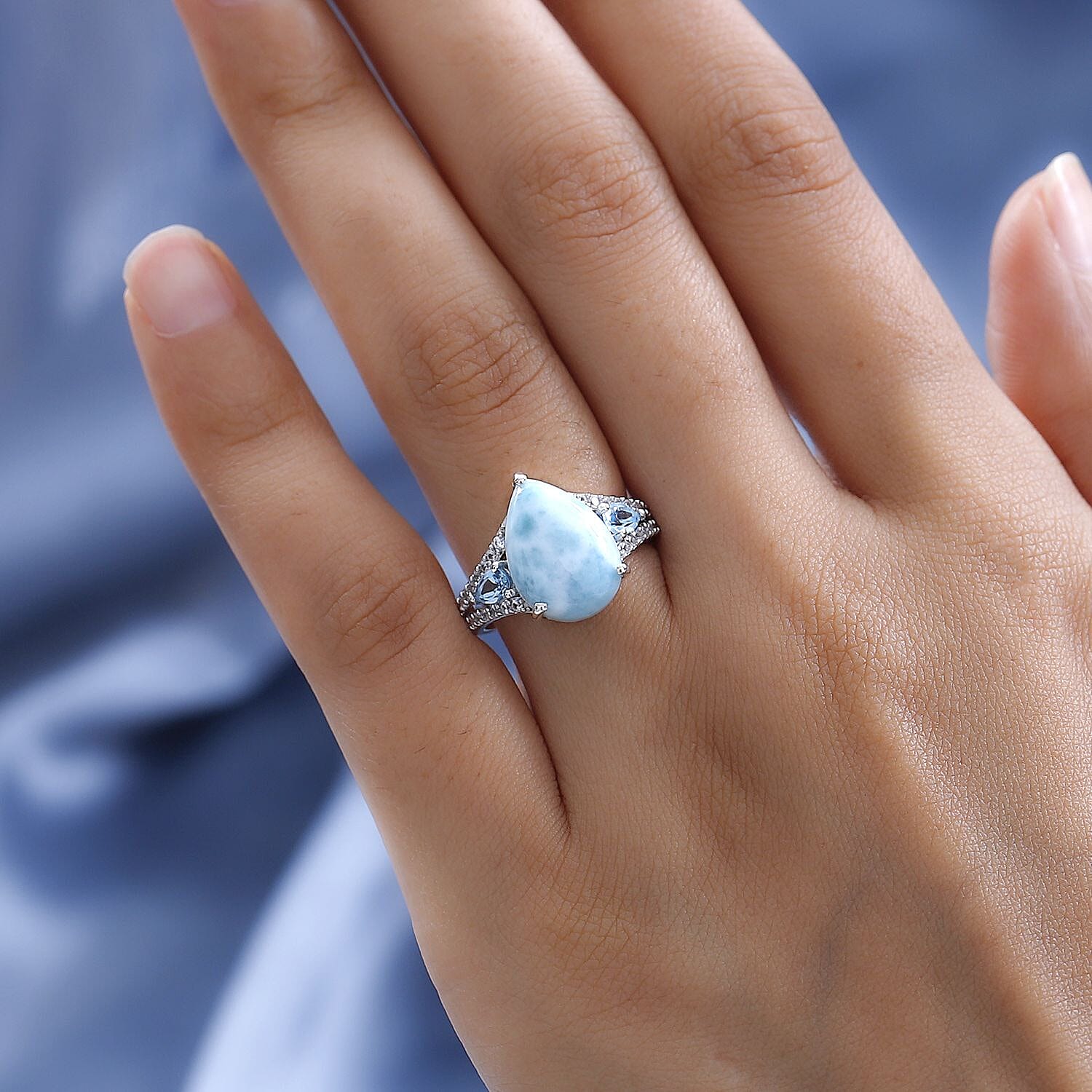 Larimar, Swiss Blue Topaz and Natural Zircon Ring in Platinum Overlay Sterling Silver 7.00 Ct.