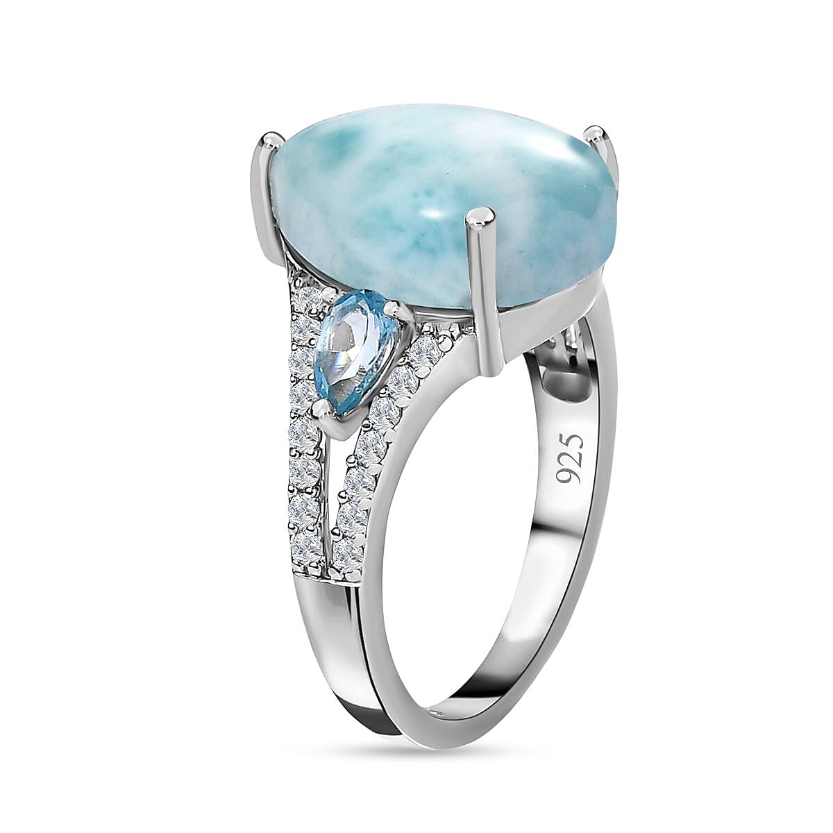 Larimar, Swiss Blue Topaz and Natural Zircon Ring in Platinum Overlay Sterling Silver 7.00 Ct.