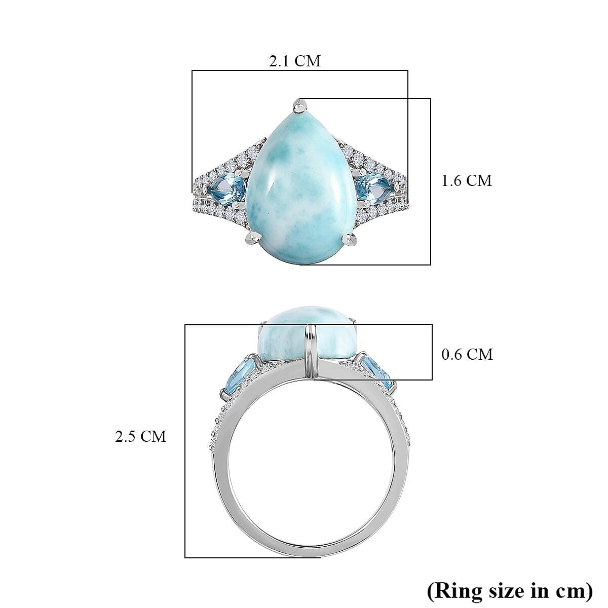 Larimar, Swiss Blue Topaz and Natural Zircon Ring in Platinum Overlay Sterling Silver 7.00 Ct.