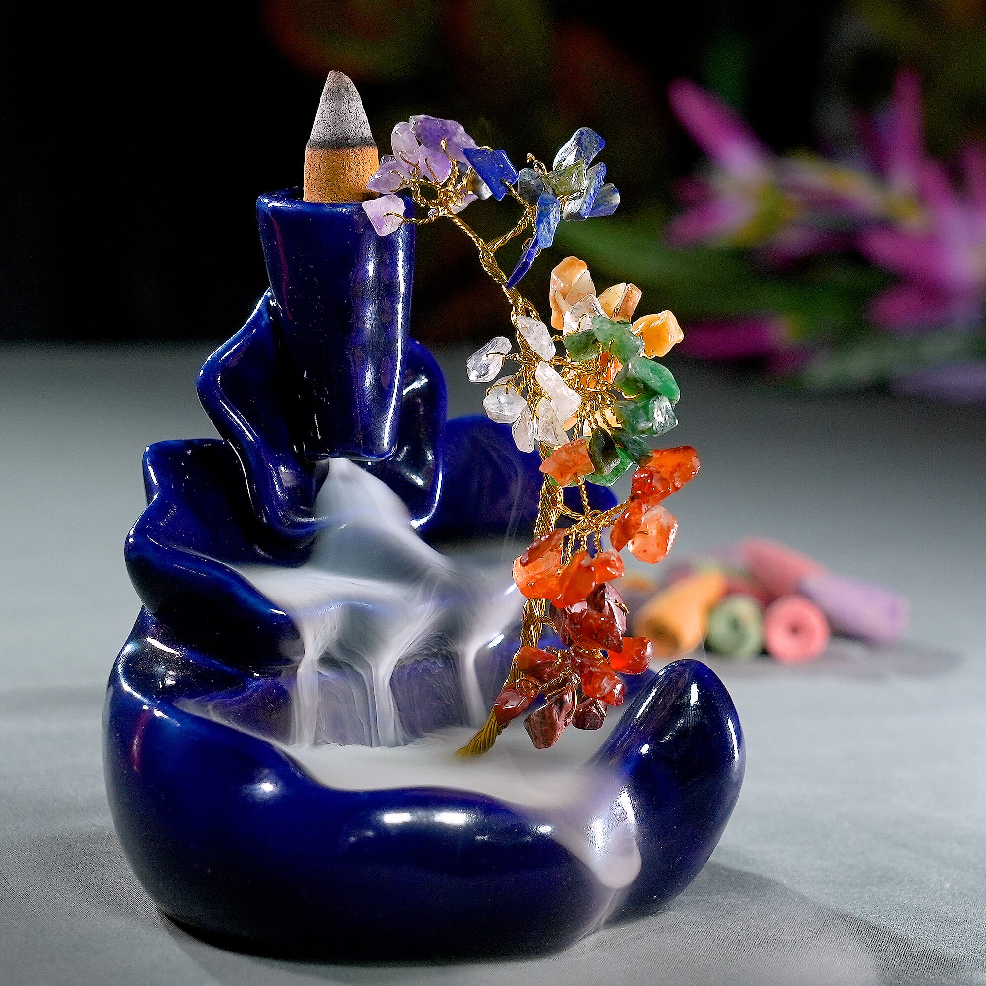 Backflow Waterfall Incense Burner with 7 Chakras Stone Tree & 15 Incense Colour - Navy
