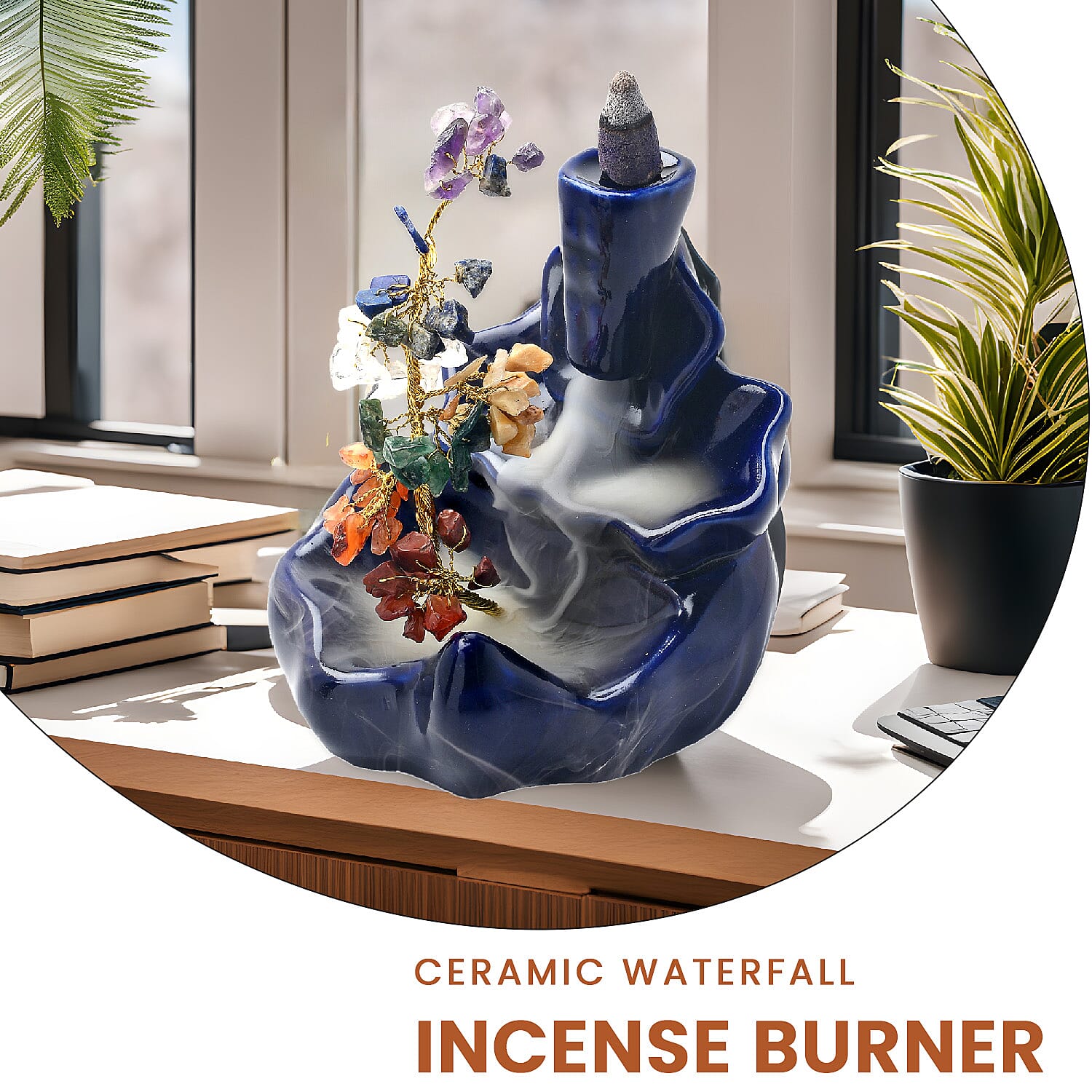 Backflow Waterfall Incense Burner with 7 Chakras Stone Tree & 15 Incense Colour - Navy