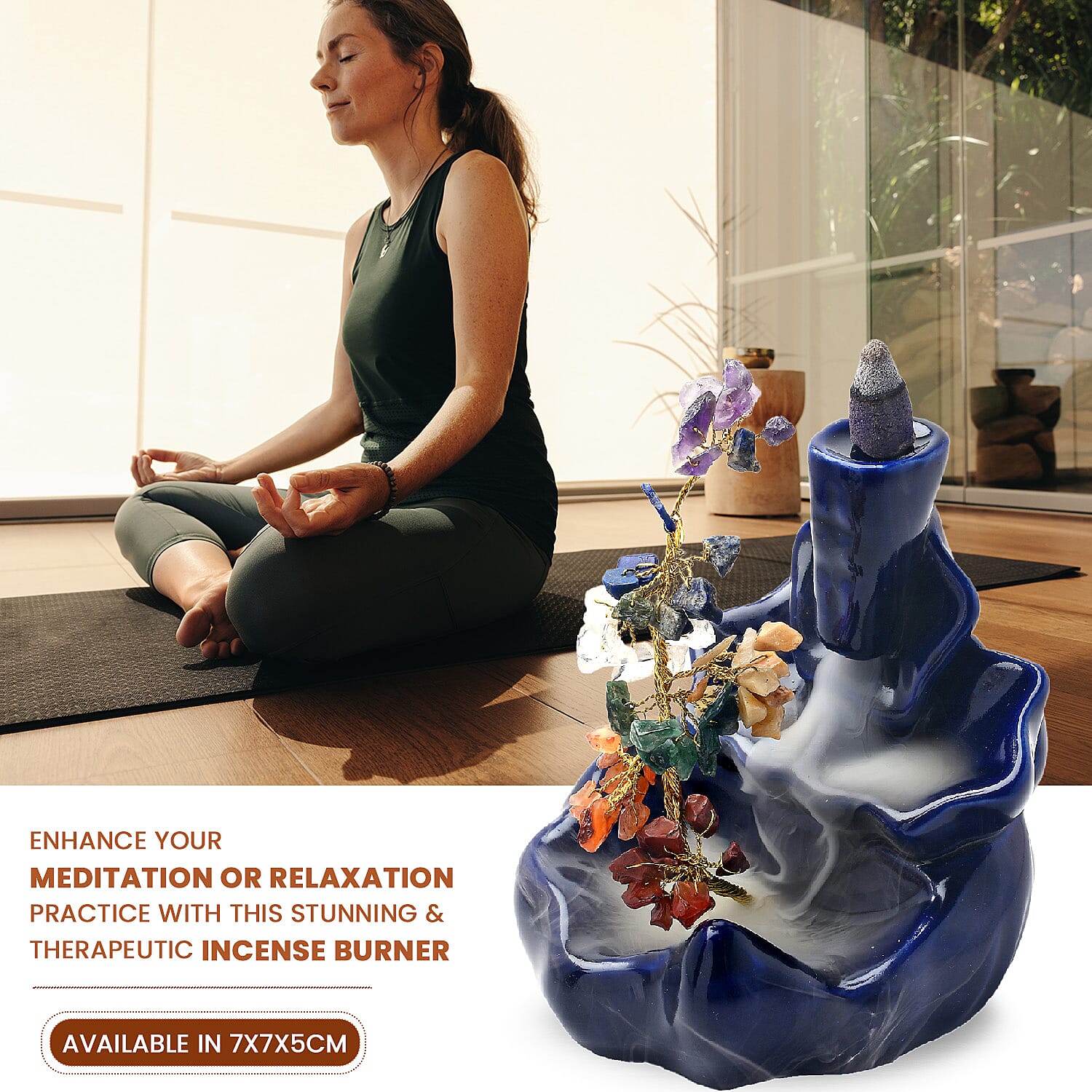 Backflow Waterfall Incense Burner with 7 Chakras Stone Tree & 15 Incense Colour - Navy