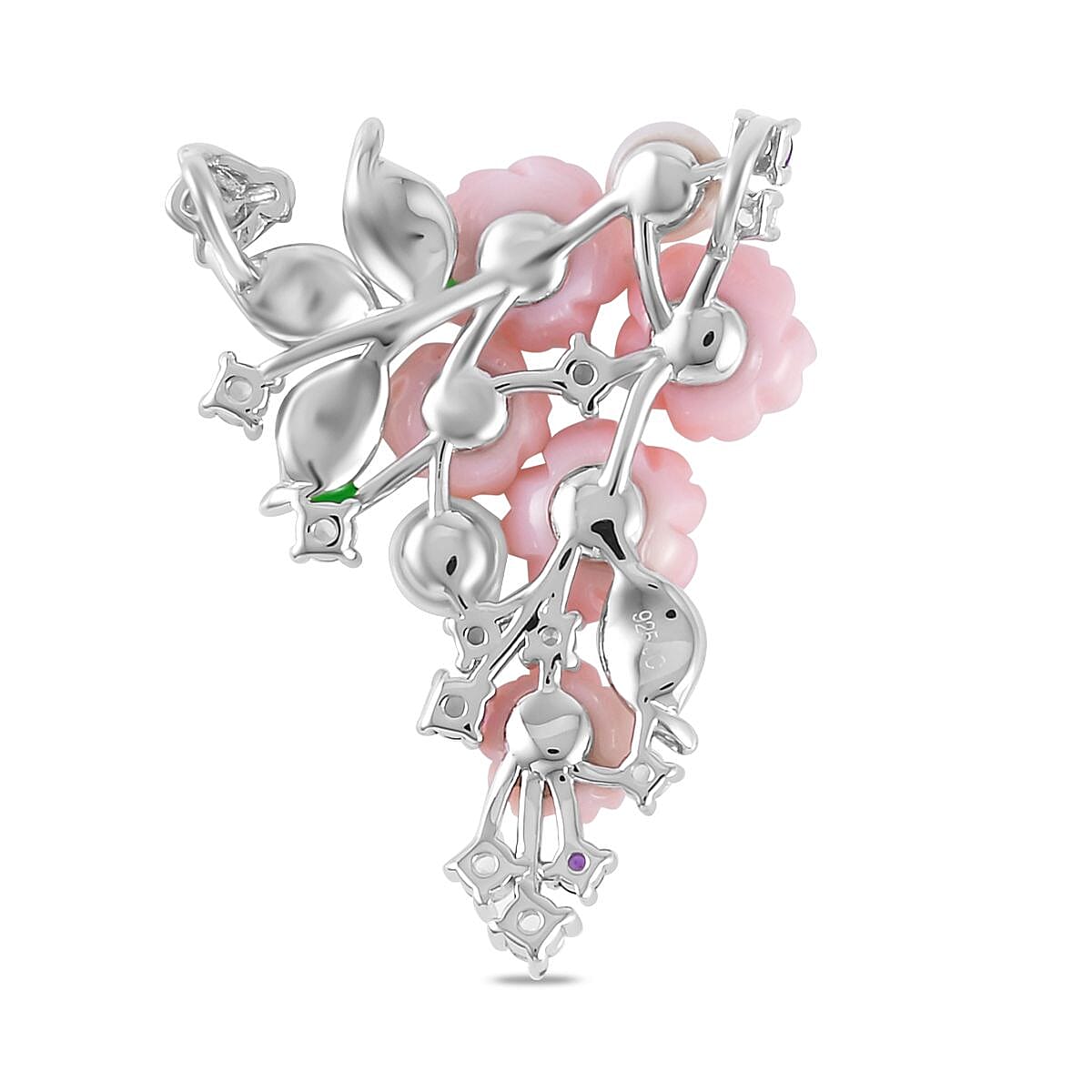 Pink Mother Of Pearl and Multi Gemstone Floral Pendant in Rhodium Overlay Sterling Silver With Enamelling 11.22 Ct, Silver Wt. 9.60 Gms.
