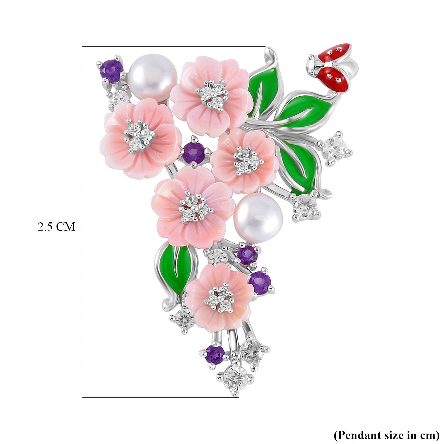 Pink Mother Of Pearl and Multi Gemstone Floral Pendant in Rhodium Overlay Sterling Silver With Enamelling 11.22 Ct, Silver Wt. 9.60 Gms.