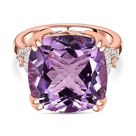 Pink Amethyst & Moissanite Ring in 18K Vermeil Rose Gold Plated Sterling Silver 13.86 Ct, Silver Wt. 6.00 GMs Pink Amethyst & Moissanite Ring in 18K Vermeil Rose Gold Plated Sterling Silver 13.86 Ct, Silver Wt. 6.00 GMs