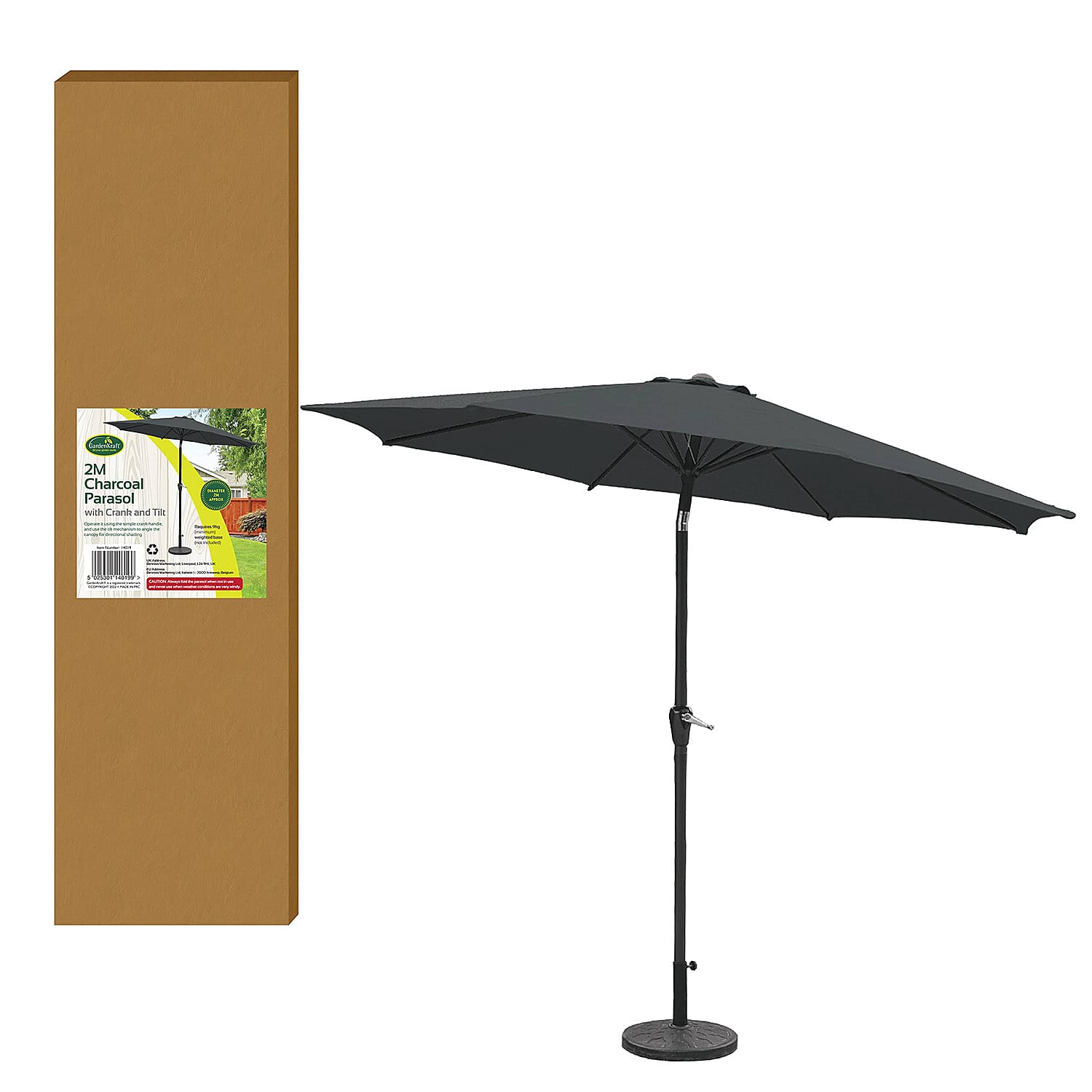 UV Protected Garden Parasol with Crank & Tilt, 2M Dia & 2.15M H - Charcoal