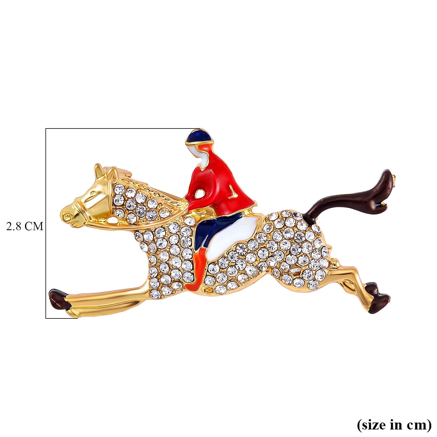 White Austrian Crystal Enamelled Horse & Rider Brooch in Yellow Gold Tone