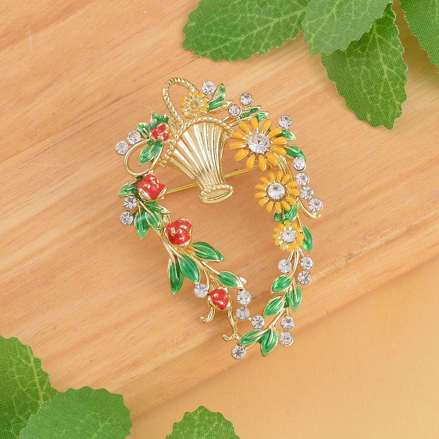 Wreath White Crystal Brooch 0.01 ct 0.010 Ct.