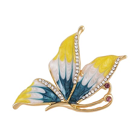 White Austrian & Purple Austrian Crystal Enamelled Butterfly Brooch in Yellow Tone