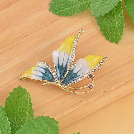 White Austrian & Purple Austrian Crystal Enamelled Butterfly Brooch in Yellow Tone