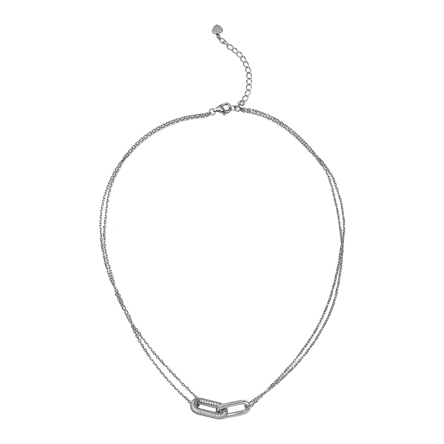 Lustro Stella - Cubic Zirconia Pave Link Necklace (Size - 16-2 Inch Ext.) in Rhodium Overlay Sterling Silver