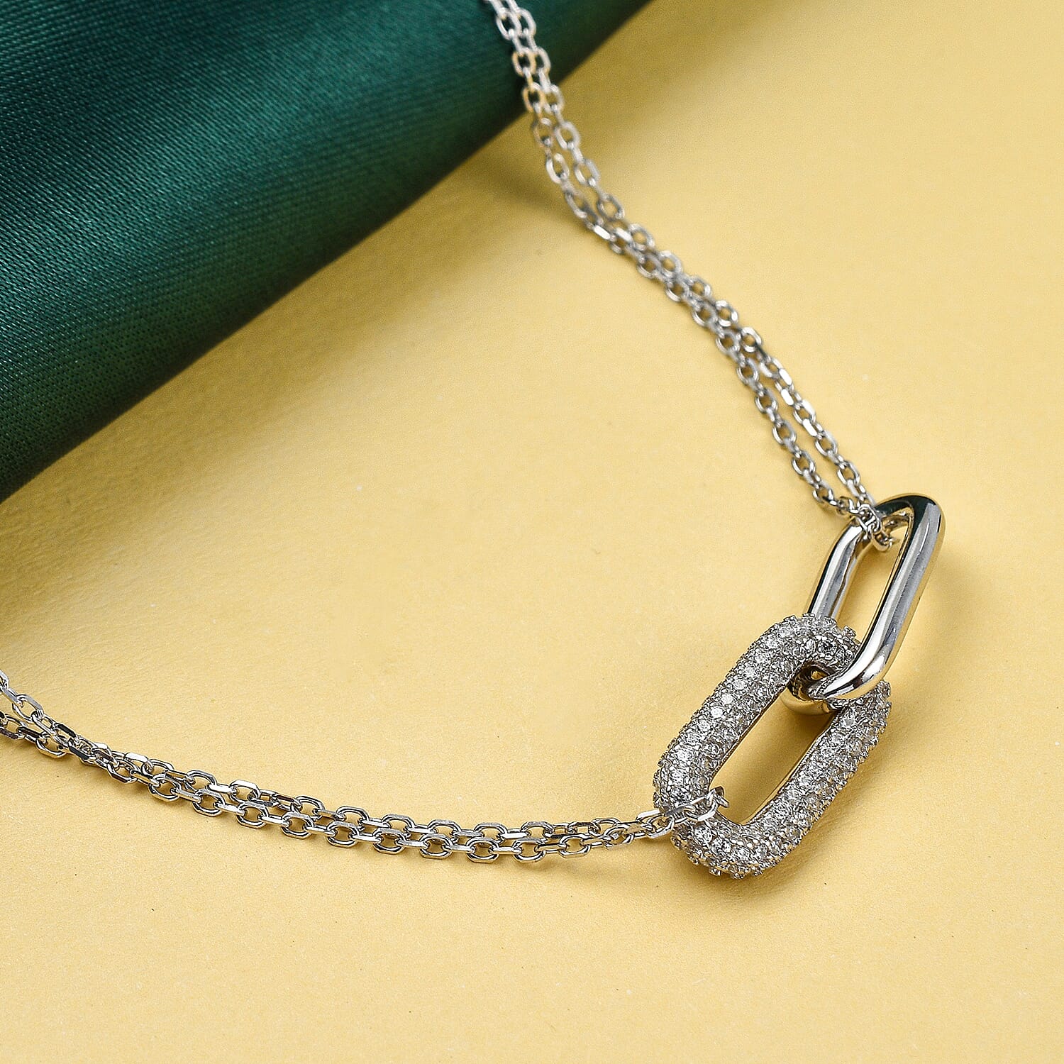 Lustro Stella - Cubic Zirconia Pave Link Necklace (Size - 16-2 Inch Ext.) in Rhodium Overlay Sterling Silver