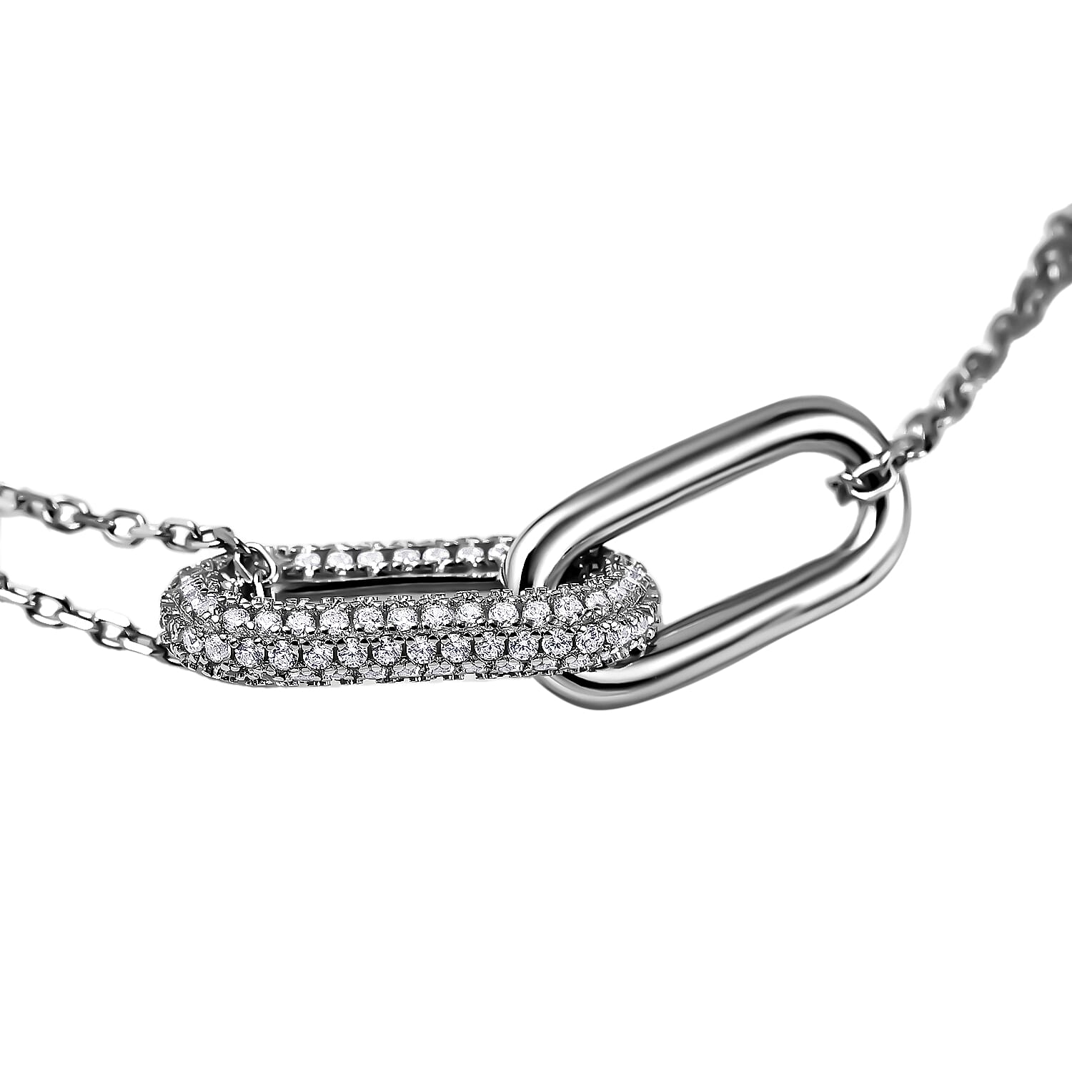 Lustro Stella - Cubic Zirconia Pave Link Necklace (Size - 16-2 Inch Ext.) in Rhodium Overlay Sterling Silver