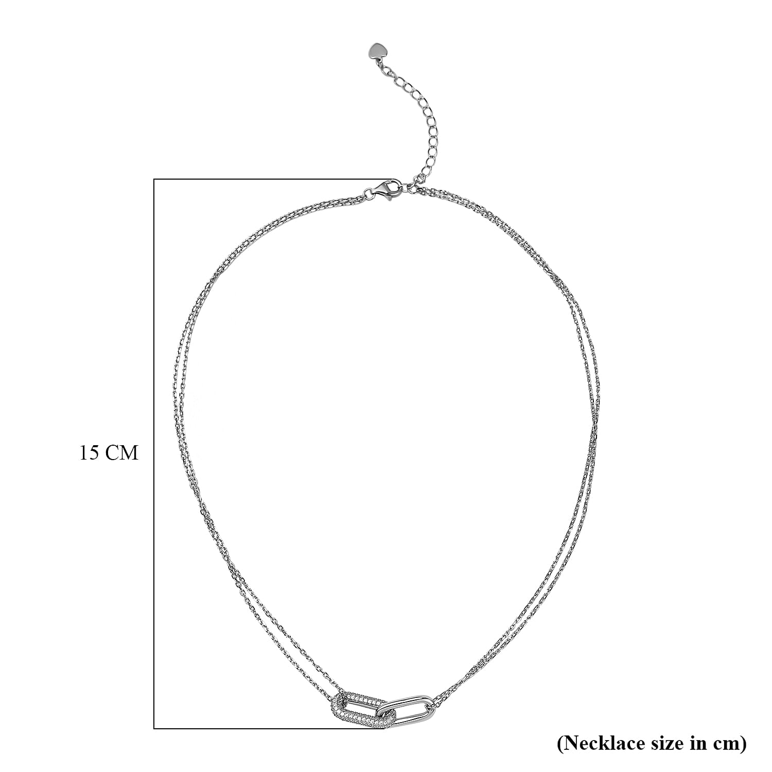 Lustro Stella - Cubic Zirconia Pave Link Necklace (Size - 16-2 Inch Ext.) in Rhodium Overlay Sterling Silver