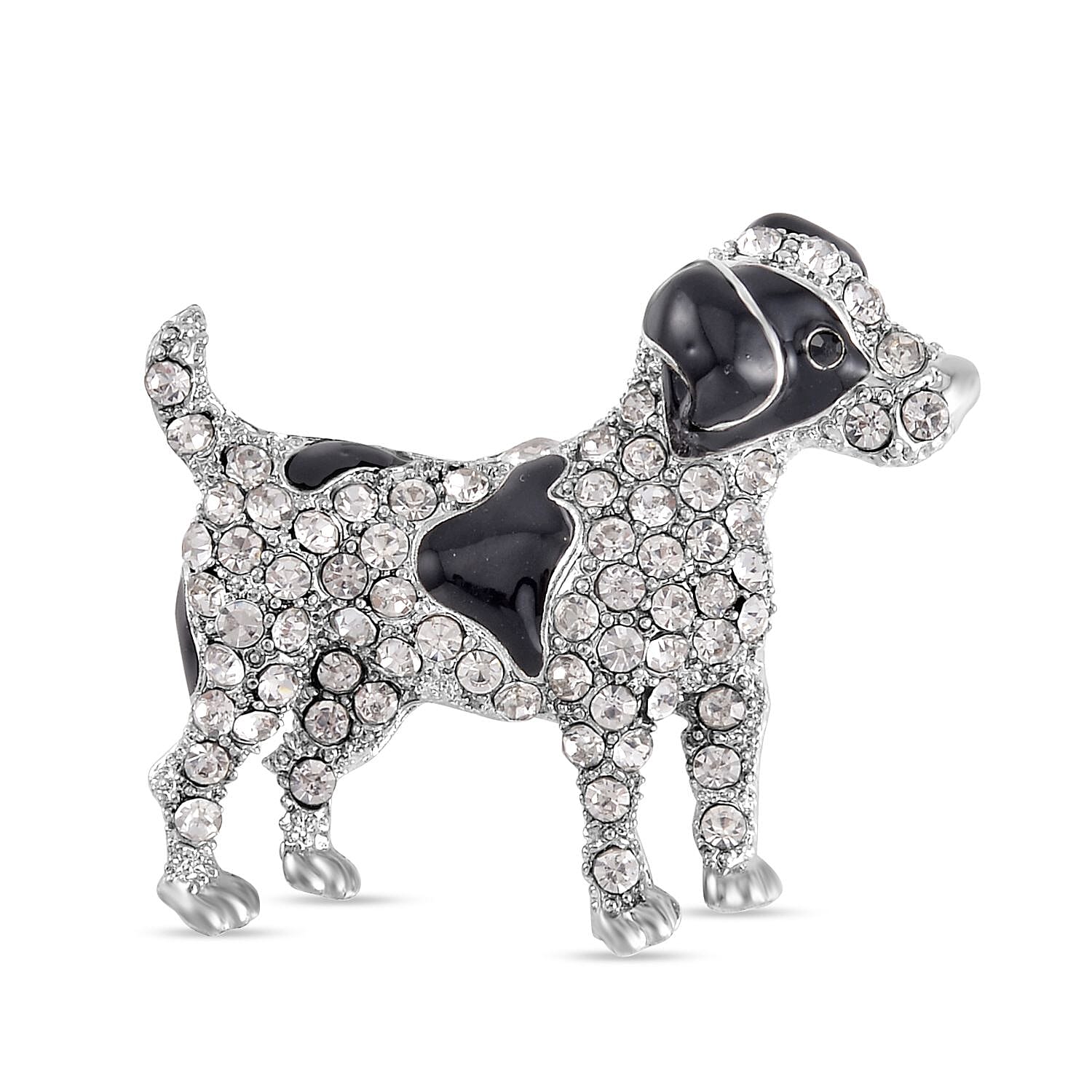 Austrian Black Crystal & White Crystal Enamelled Dog Brooch in Silver Tone