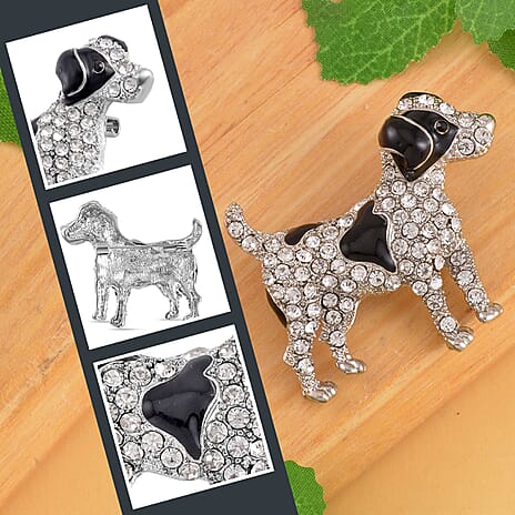 Austrian Black Crystal & White Crystal Enamelled Dog Brooch in Silver Tone