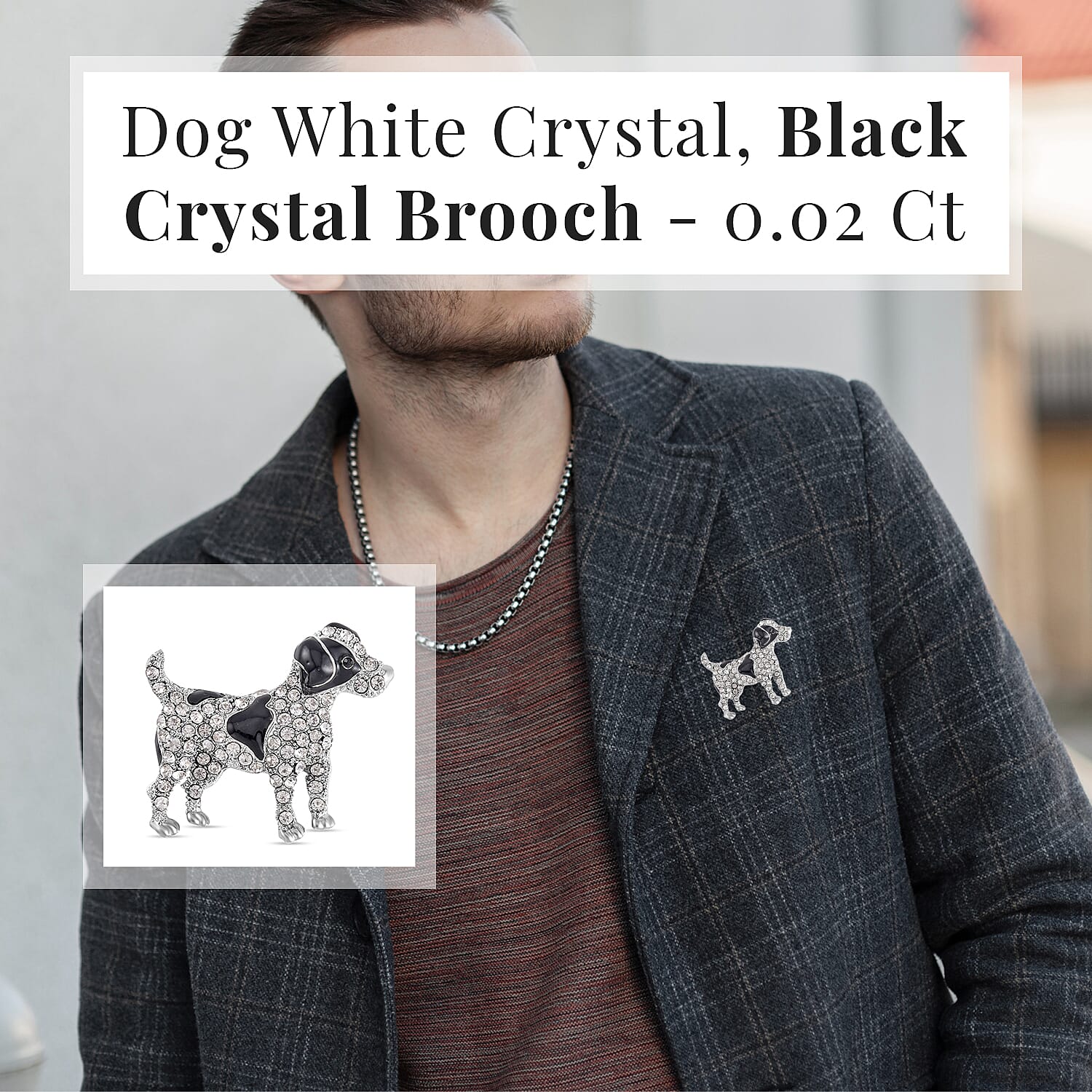 Austrian Black Crystal & White Crystal Enamelled Dog Brooch in Silver Tone
