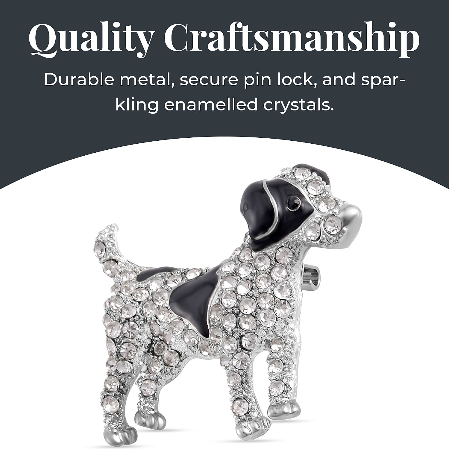 Austrian Black Crystal & White Crystal Enamelled Dog Brooch in Silver Tone