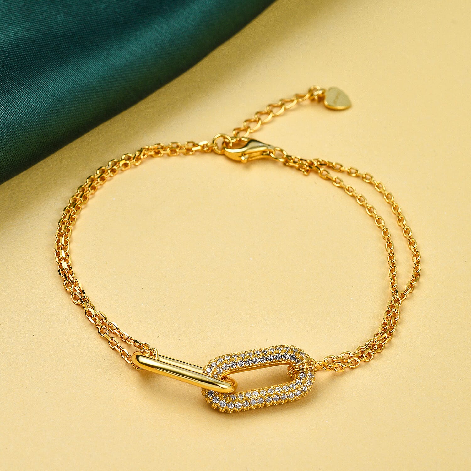 NY Closeout - Simulated Diamond Pave Link Bracelet (Size - 8 Inch Ext.) in Yellow Gold Overlay Sterling Silver, Silver Wt. 5.50 Gms