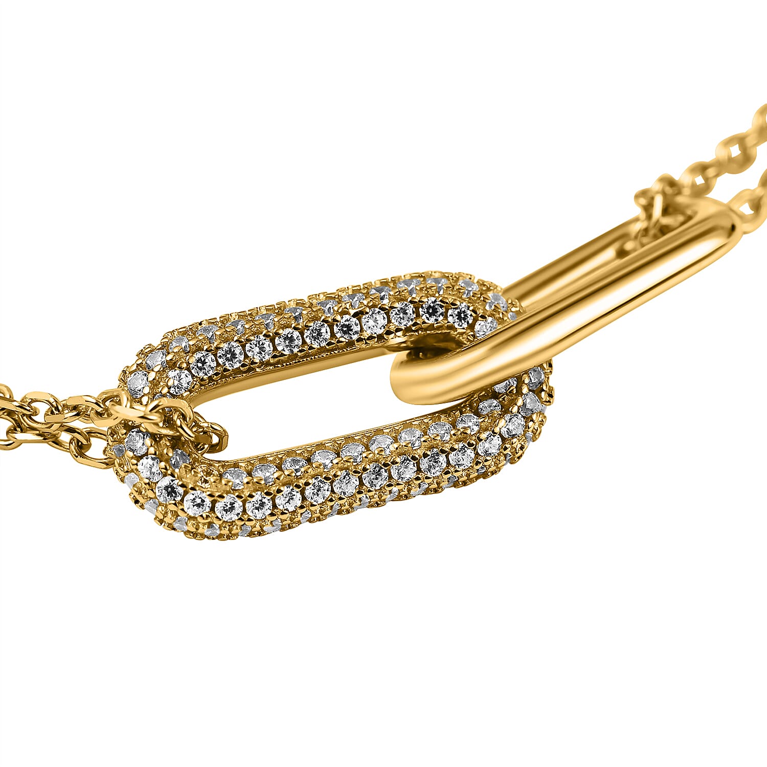 NY Closeout - Simulated Diamond Pave Link Bracelet (Size - 8 Inch Ext.) in Yellow Gold Overlay Sterling Silver, Silver Wt. 5.50 Gms