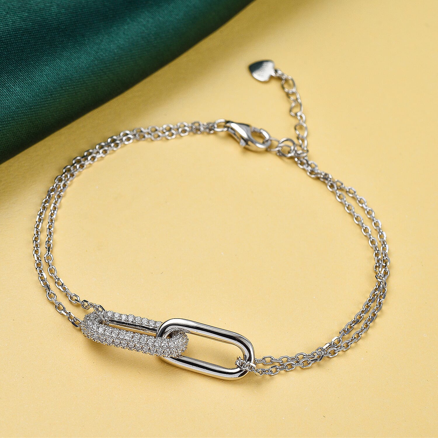 Lustro Stella - Cubic Zirconia Pave Link Bracelet (Size - 8 Inch Ext.) in Rhodium Overlay Sterling Silver