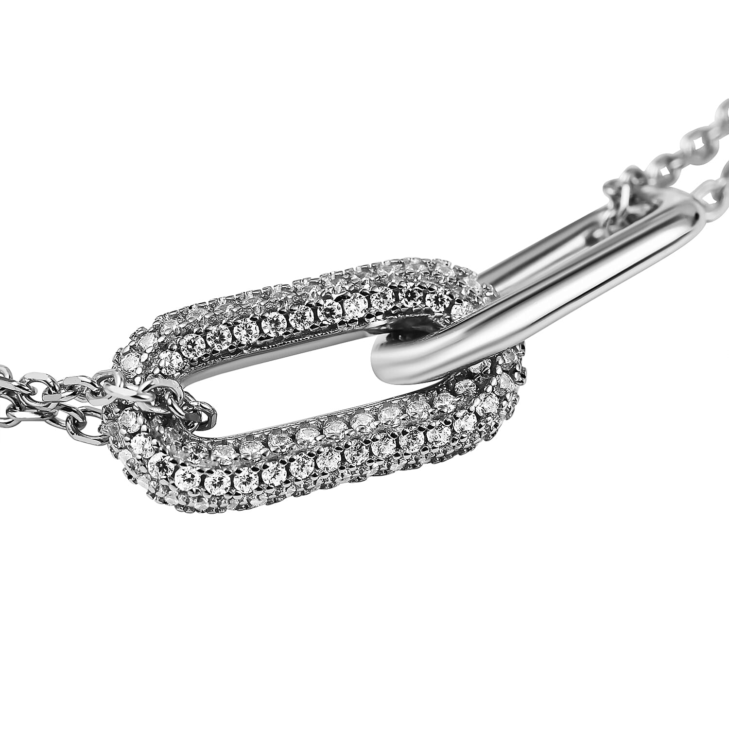 Lustro Stella - Cubic Zirconia Pave Link Bracelet (Size - 8 Inch Ext.) in Rhodium Overlay Sterling Silver