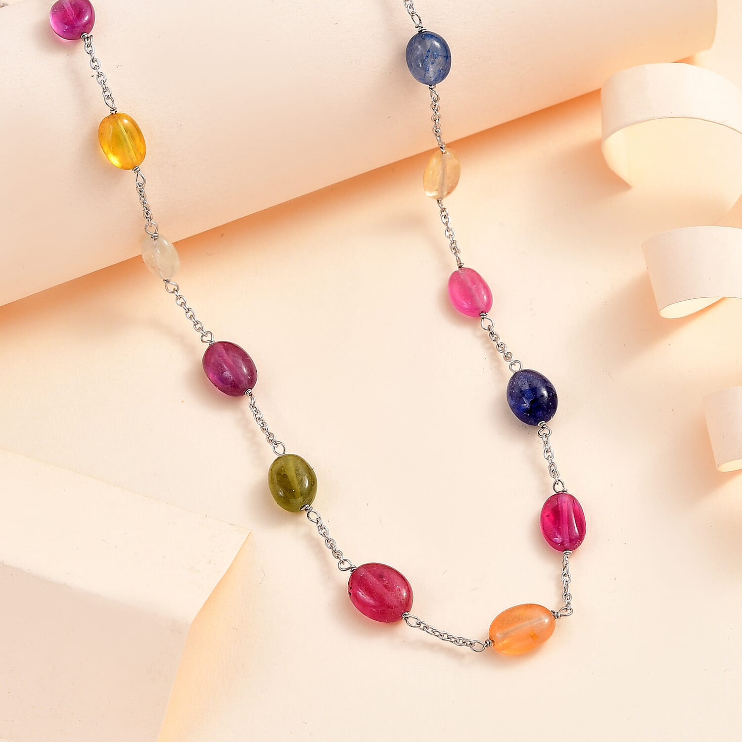 Close Out- Very Rare Multi Sapphire Necklace (Size - 24) in Platinum Overlay Sterling Silver 60.00 Ct.