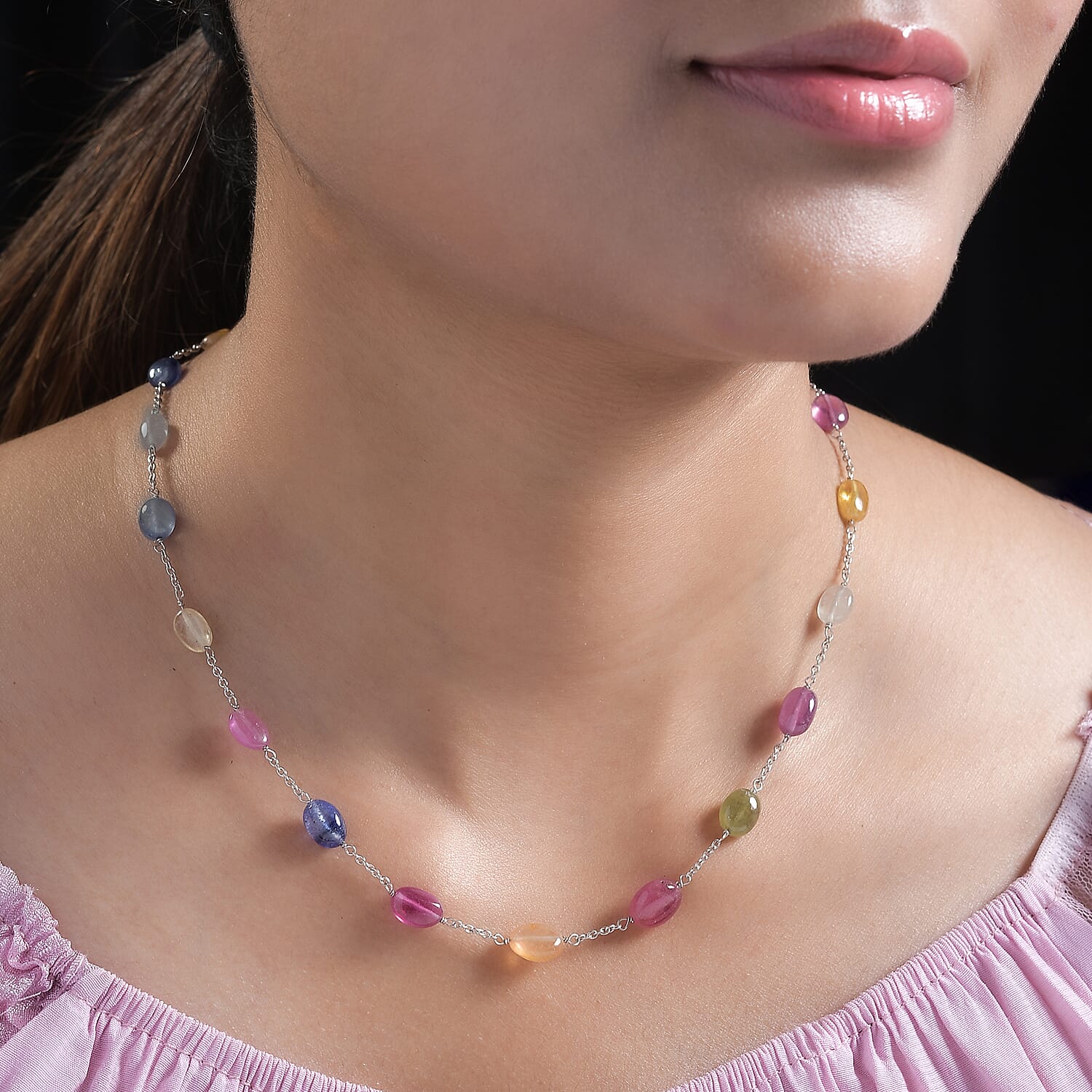 Close Out- Very Rare Multi Sapphire Necklace (Size - 24) in Platinum Overlay Sterling Silver 60.00 Ct.