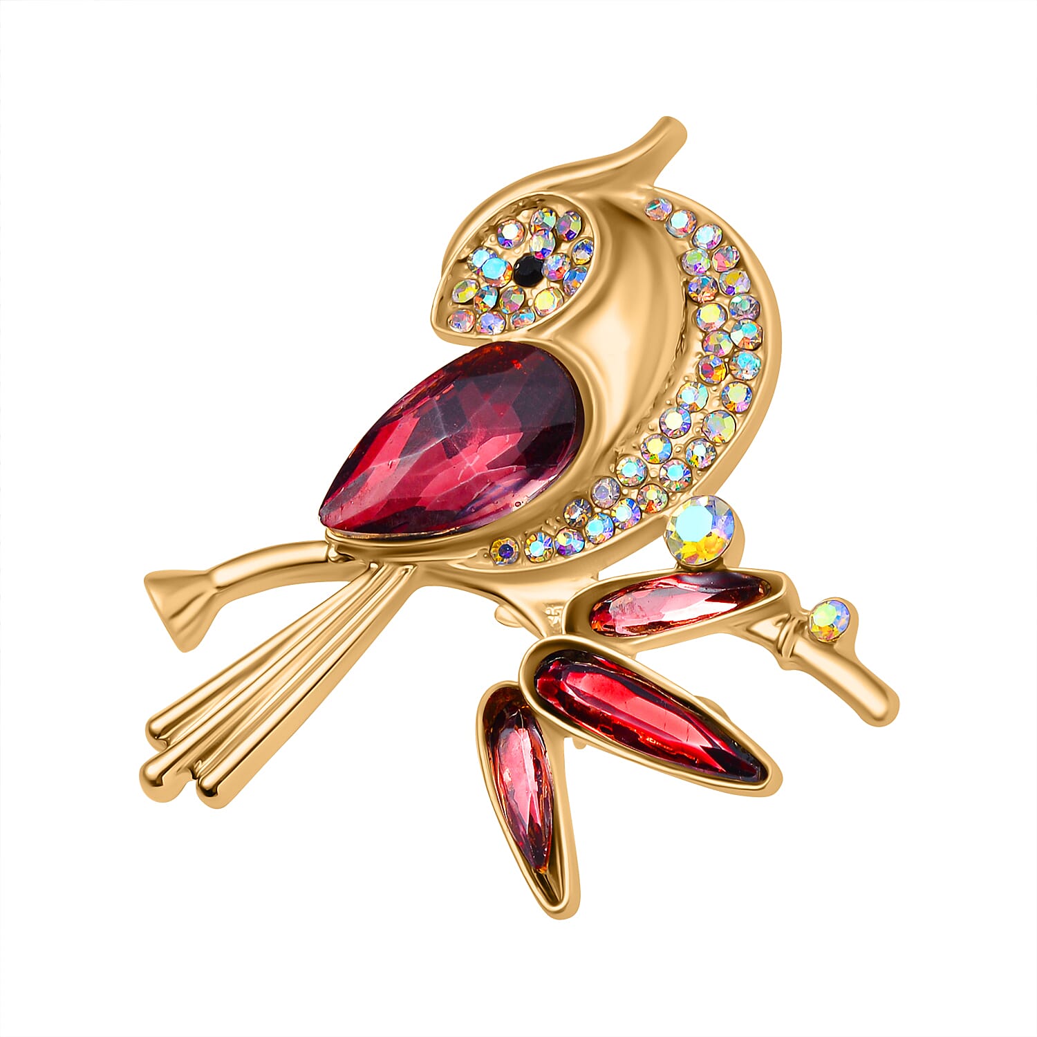 Multi Colour Austrian Crystal Bird Brooch in Yellow Gold Tone
