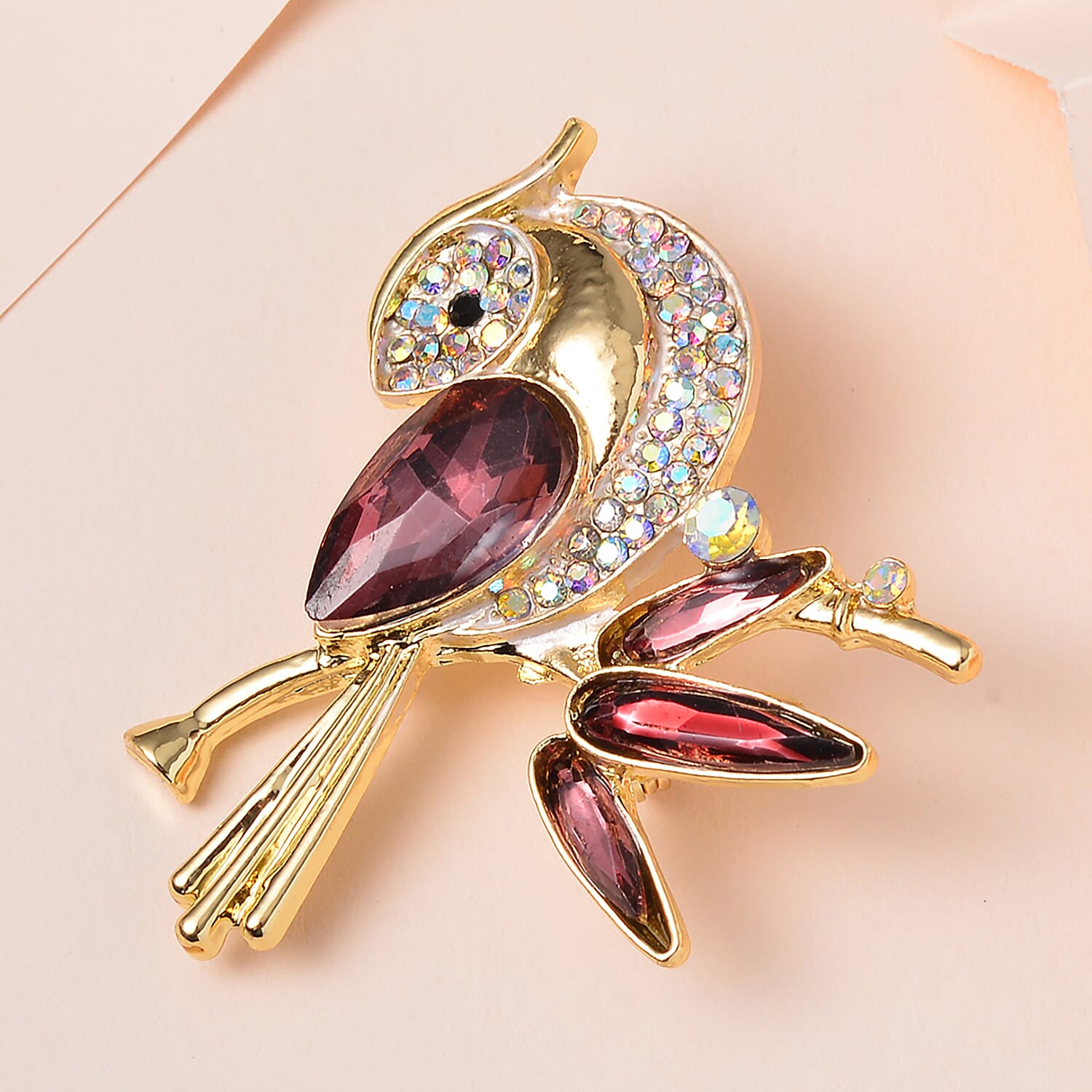 Multi Colour Austrian Crystal Bird Brooch in Yellow Gold Tone