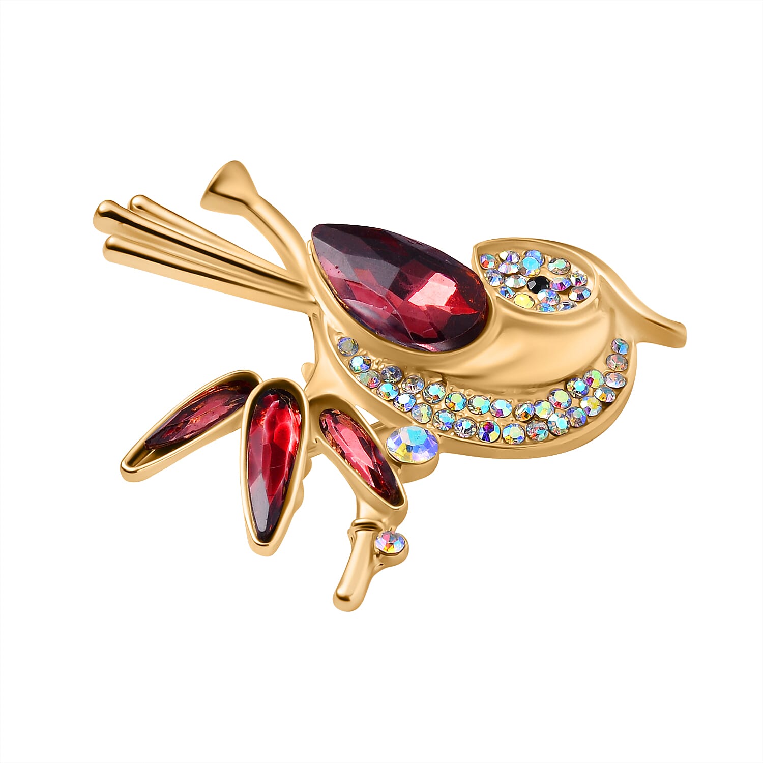 Multi Colour Austrian Crystal Bird Brooch in Yellow Gold Tone