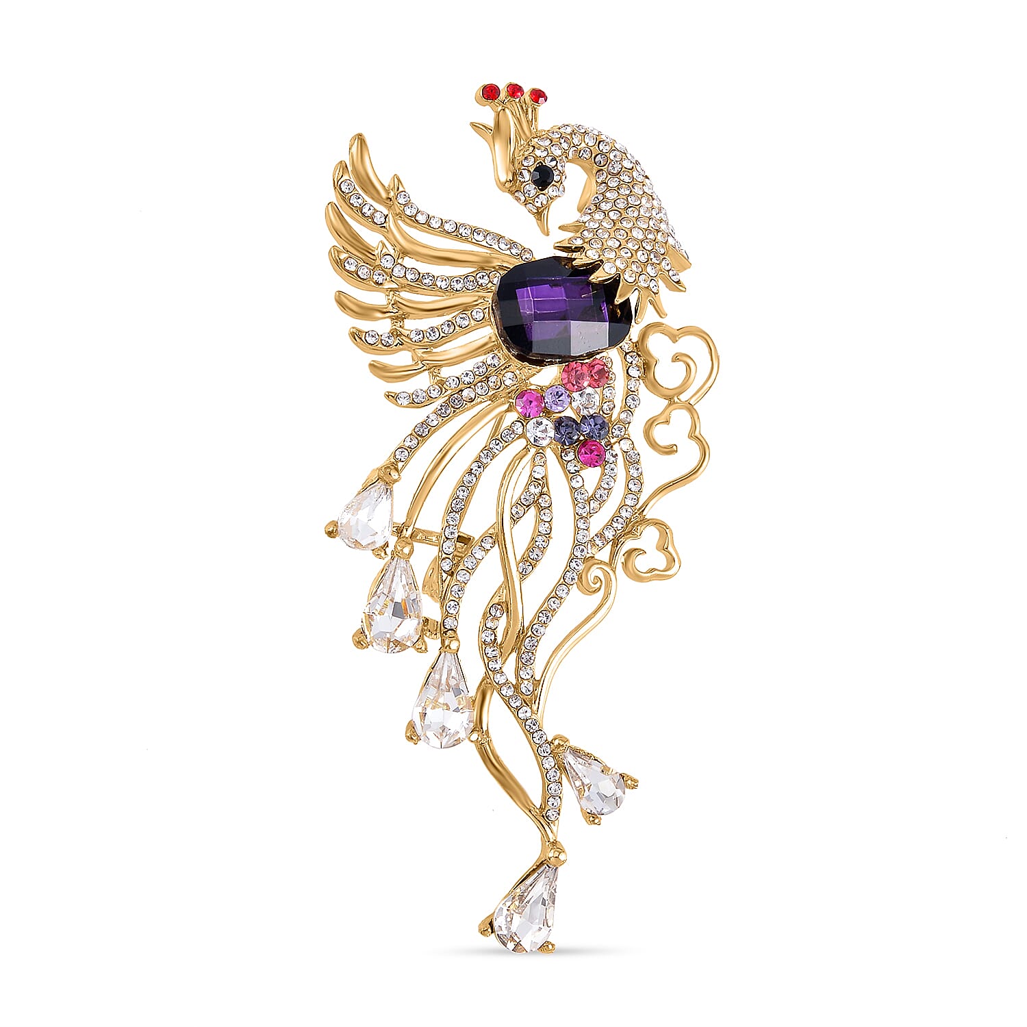 Multi Colour Austrian Crystal Peacock Brooch in Yellow Gold Tone