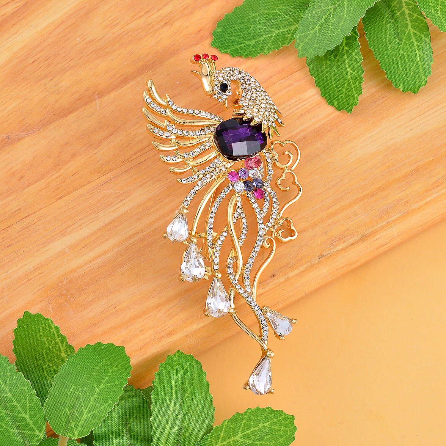 Multi Colour Austrian Crystal Peacock Brooch in Yellow Gold Tone