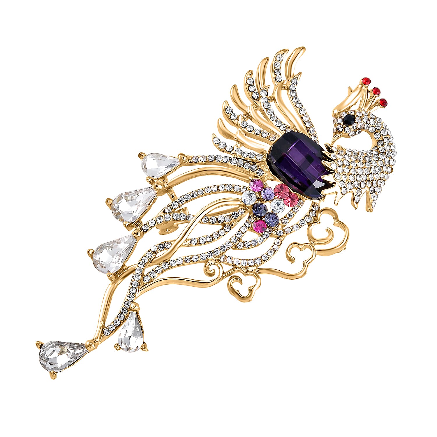 Multi Colour Austrian Crystal Peacock Brooch in Yellow Gold Tone