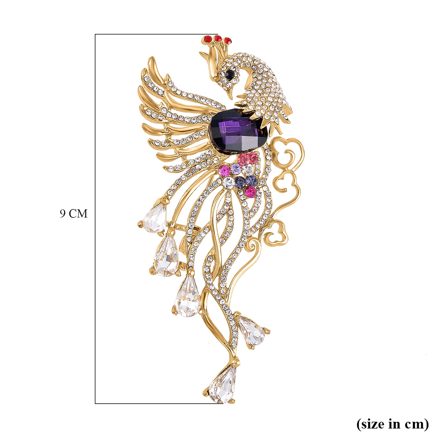 Multi Colour Austrian Crystal Peacock Brooch in Yellow Gold Tone