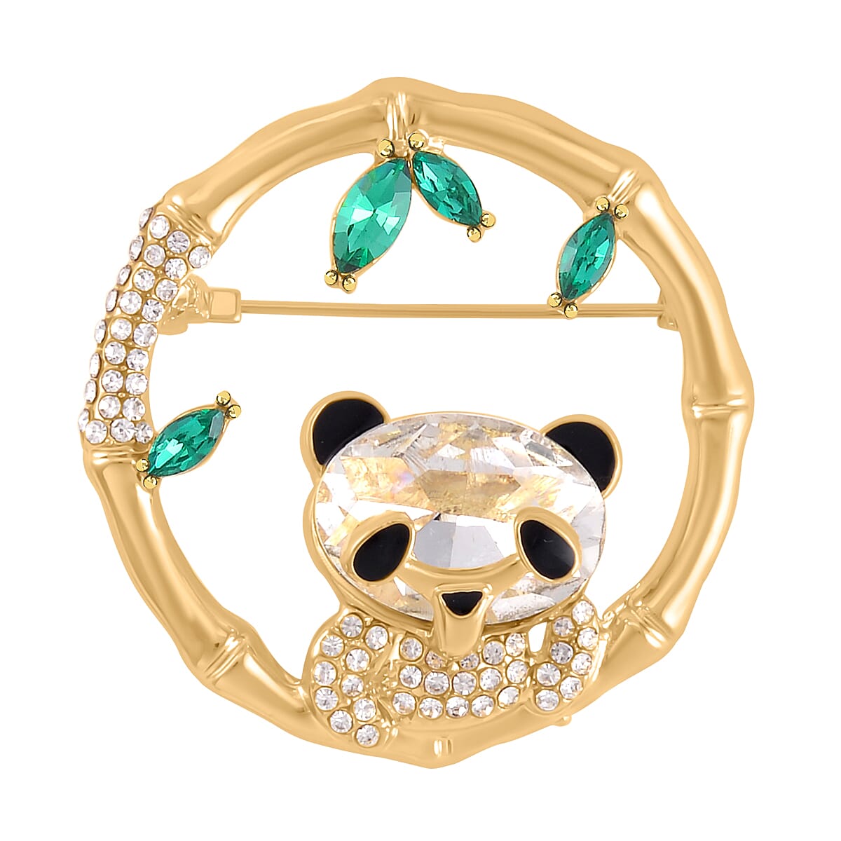 Green & White Austrian Crystal Panda Brooch in Yellow Gold Tone