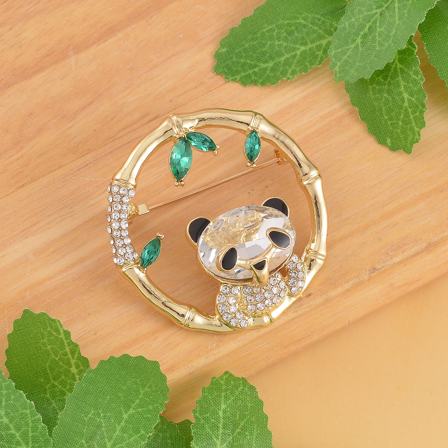 Green & White Austrian Crystal Panda Brooch in Yellow Gold Tone